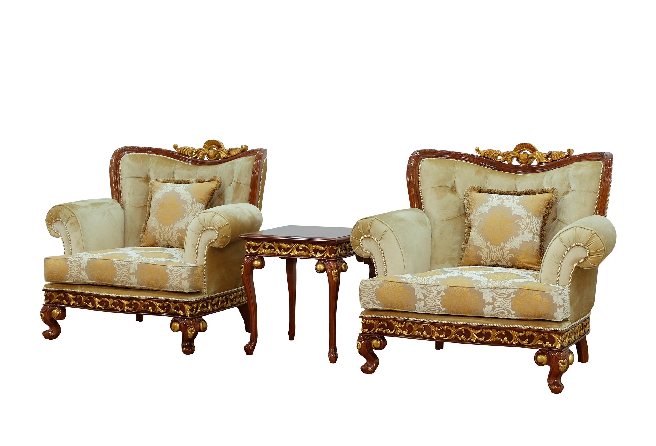 Classic, Traditional Arm Chair Set FANTASIA 40019-C-Set-2 in Sand, Walnut, Gold Fabric