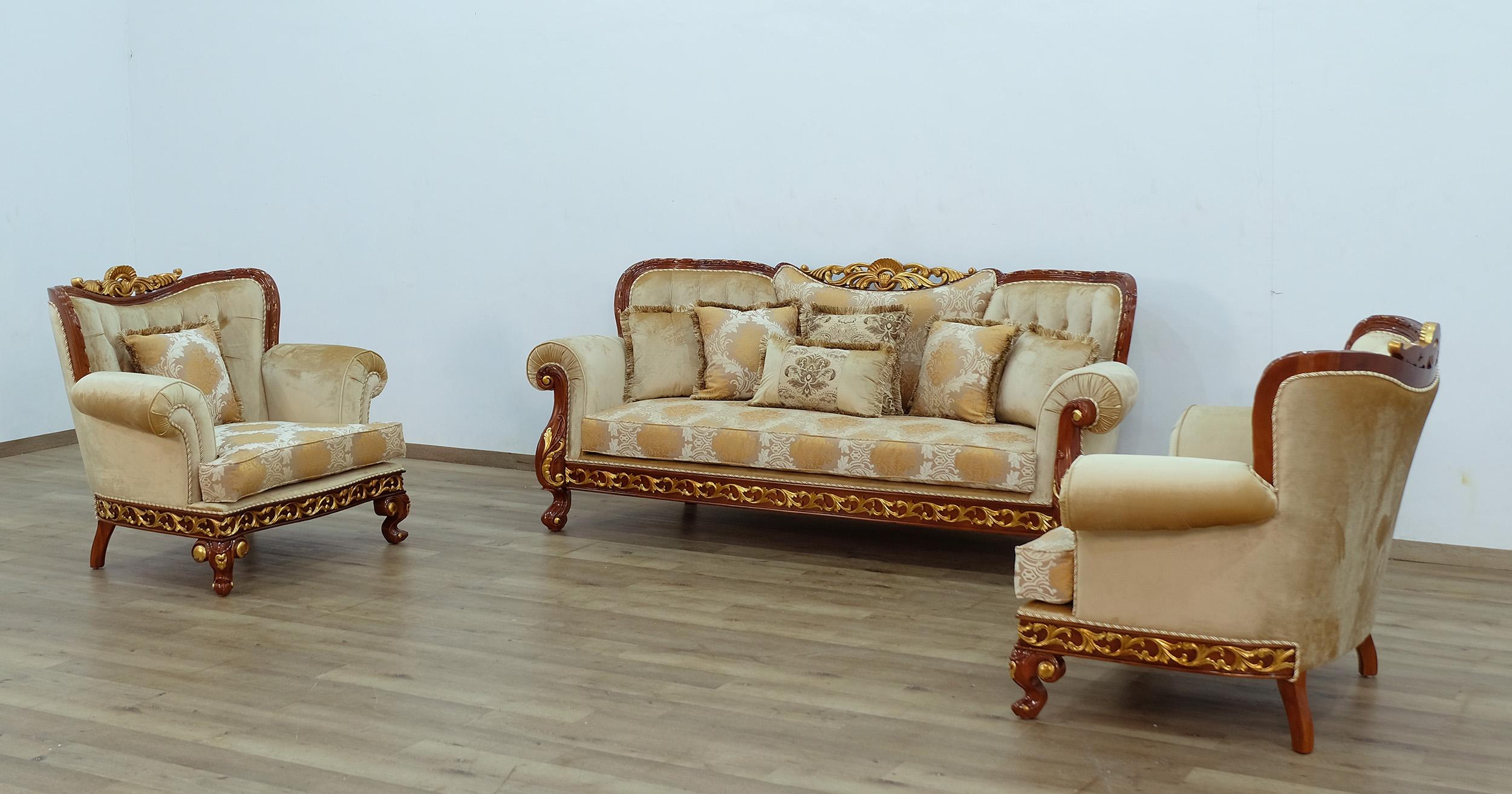 Classic, Traditional Sofa Set FANTASIA 40019-Set-3 in Sand, Walnut, Gold Fabric