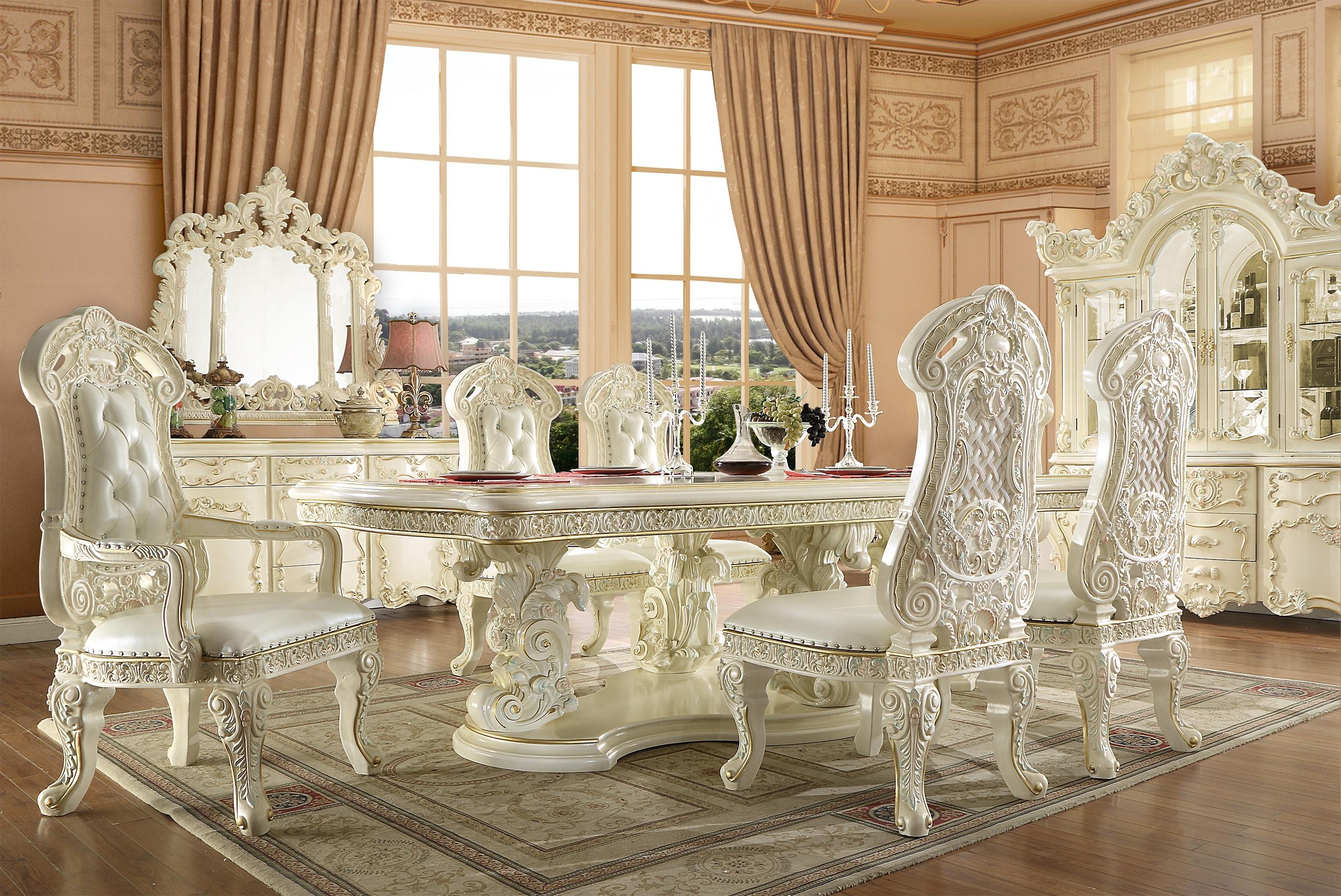 Traditional Dining Table Set HD-8089 HD-8089-DTSET7 in White, Gold Faux Leather