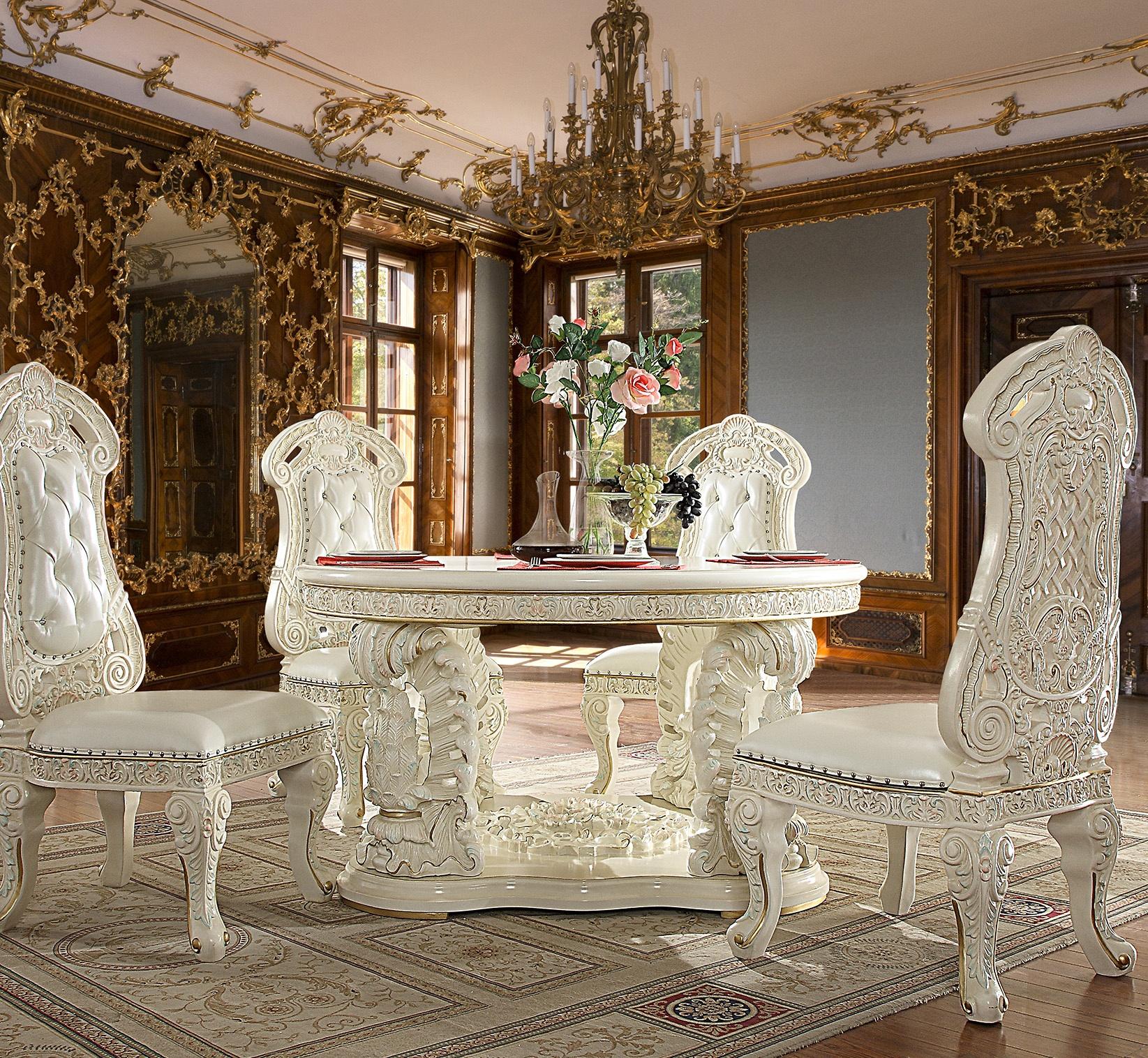 

    
Luxury Glossy White Round Dining Room Set 5Pcs Traditional Homey Design HD-8089
