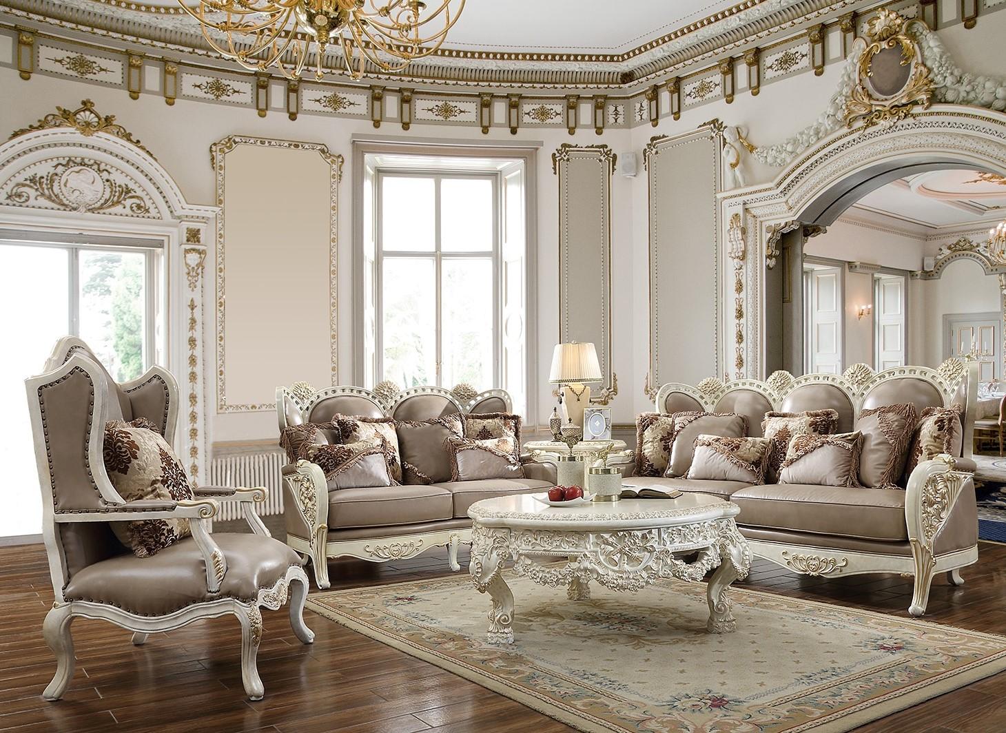 Traditional Sofa Set HD-90 HD-90-2PC in White, Tan, Gold Leather