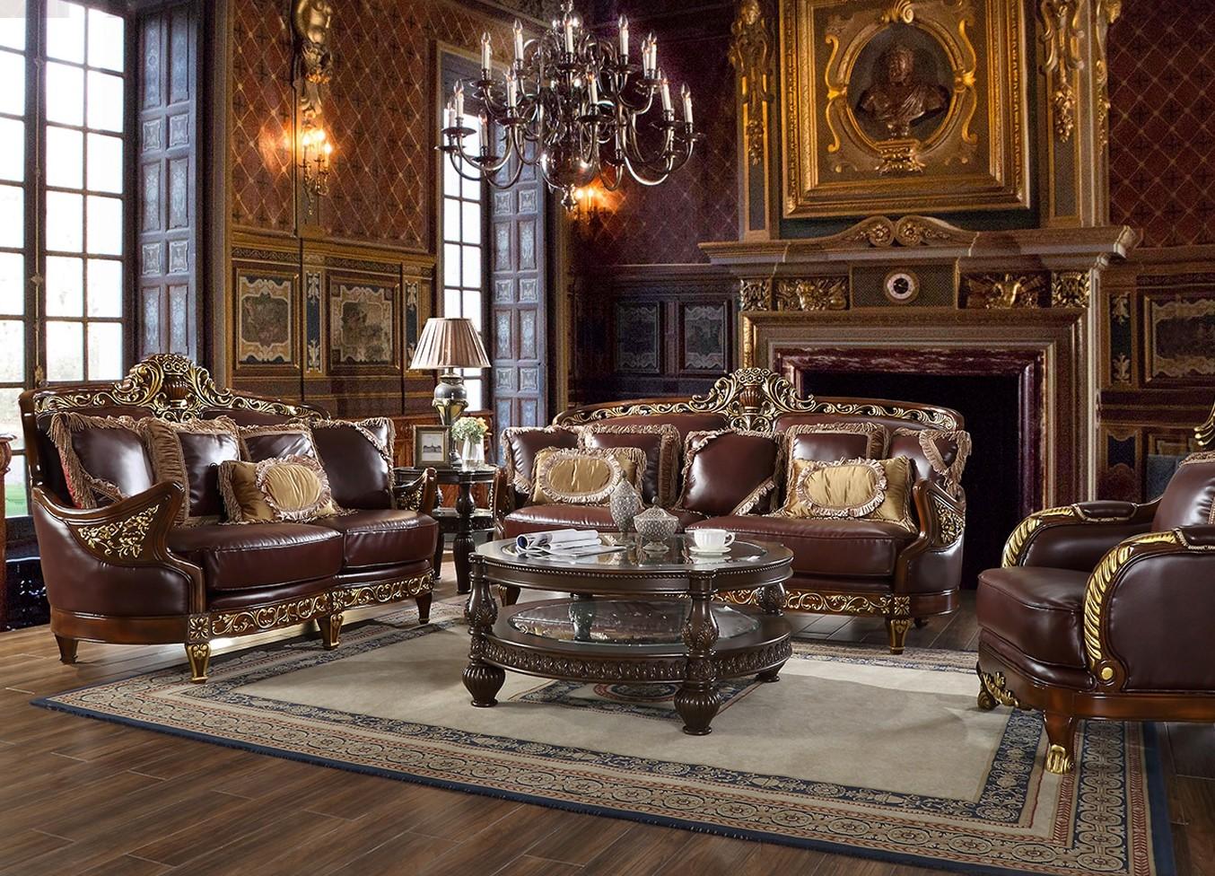Traditional Sofa Set HD-89 HD-89-SSET3 in Mahogany, Brown Leather