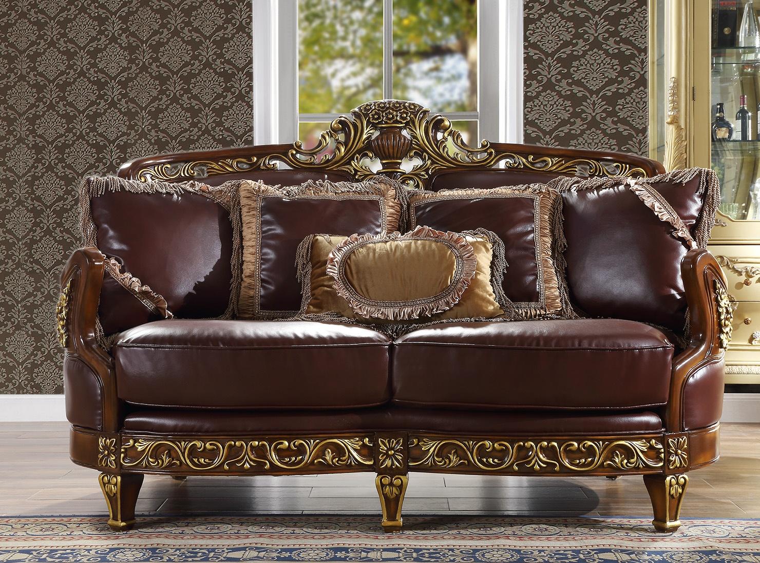 Traditional Loveseat HD-89 HD-L89 in Mahogany, Brown Leather