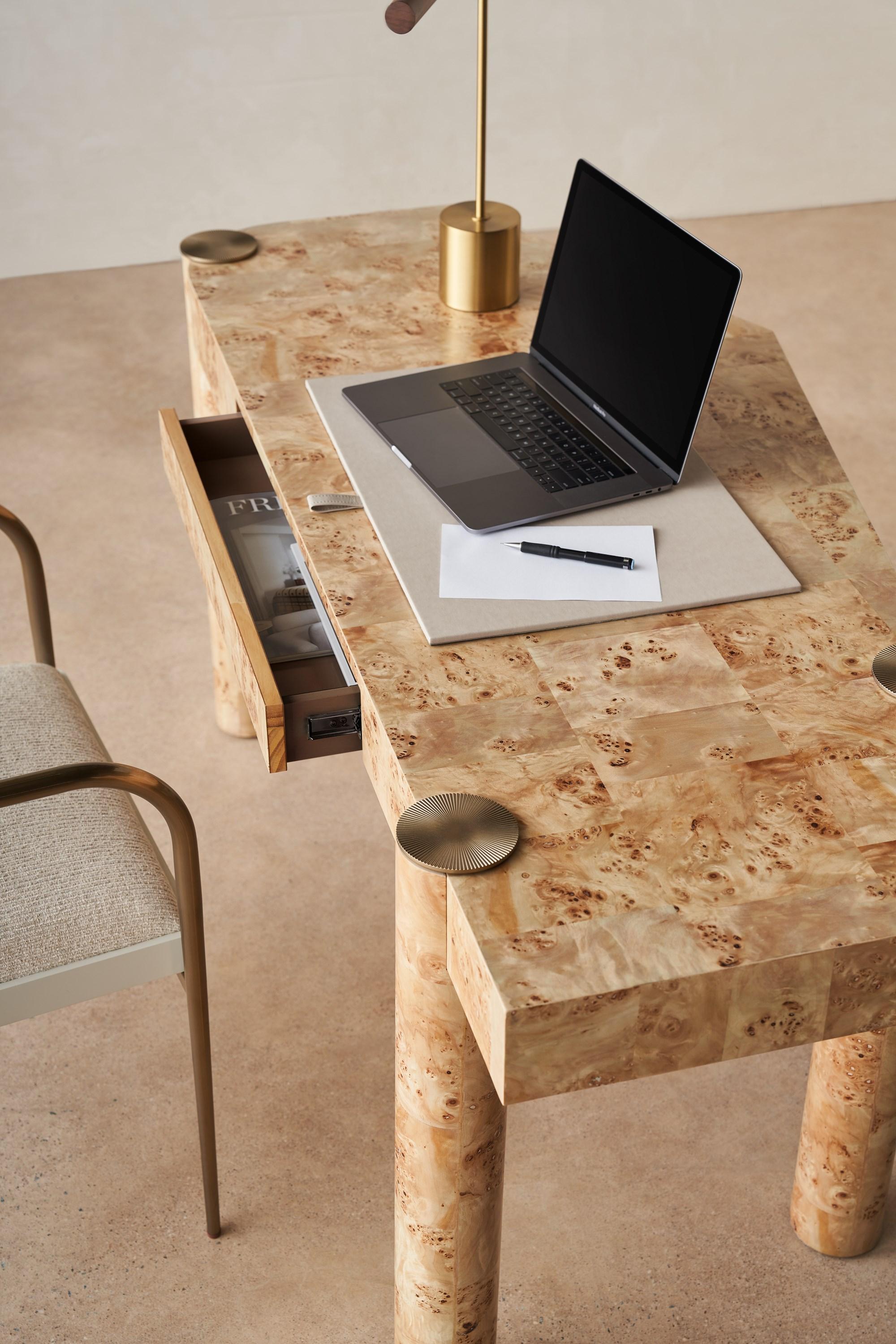 

    
 Order  Mappa Burl & Lucent Bronze Plated Metal RHYTHM DESK by Caracole
