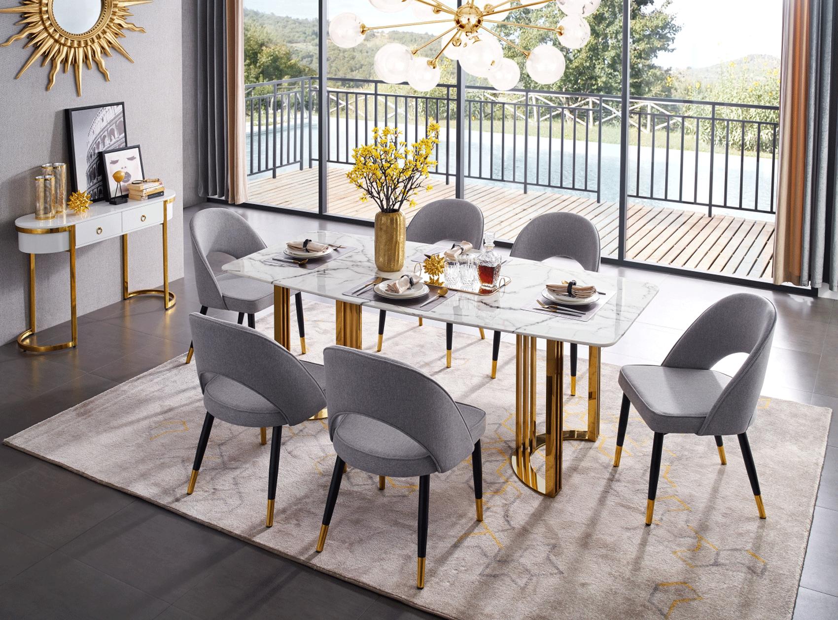 

    
Marble Top & Gold Stainless Steel Dining Room Set 7Pcs Modern Made in Italy ESF 131
