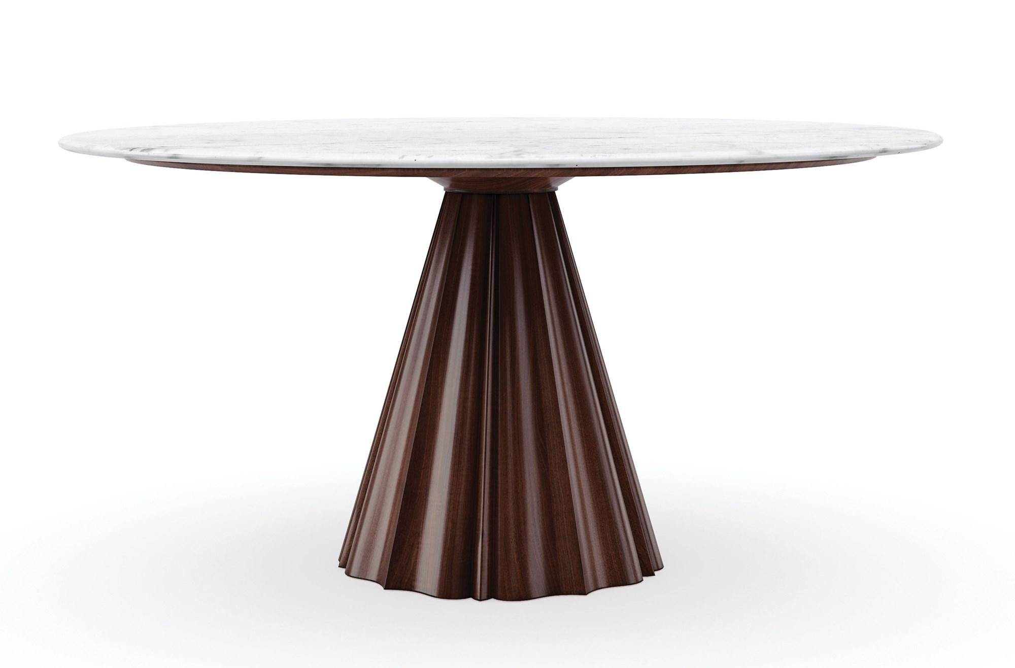 

    
Marble Top & Rich Walnut Base Round Dining Table ALL NATURAL by Caracole
