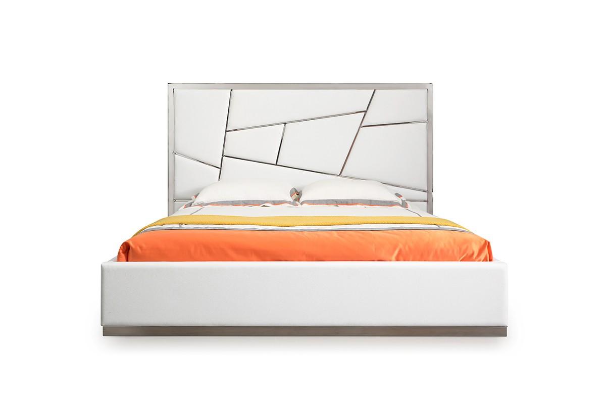 Contemporary, Modern Platform Bed Marisol Marisol Q Bed in White, Silver Faux Leather