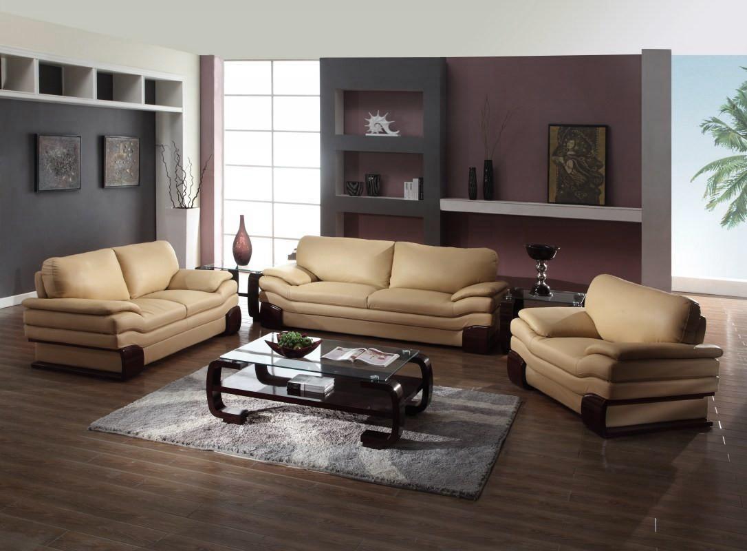 Contemporary Sofa Loveseat and Chair Set Matherly SKU: W002171821 in Beige Leather Match
