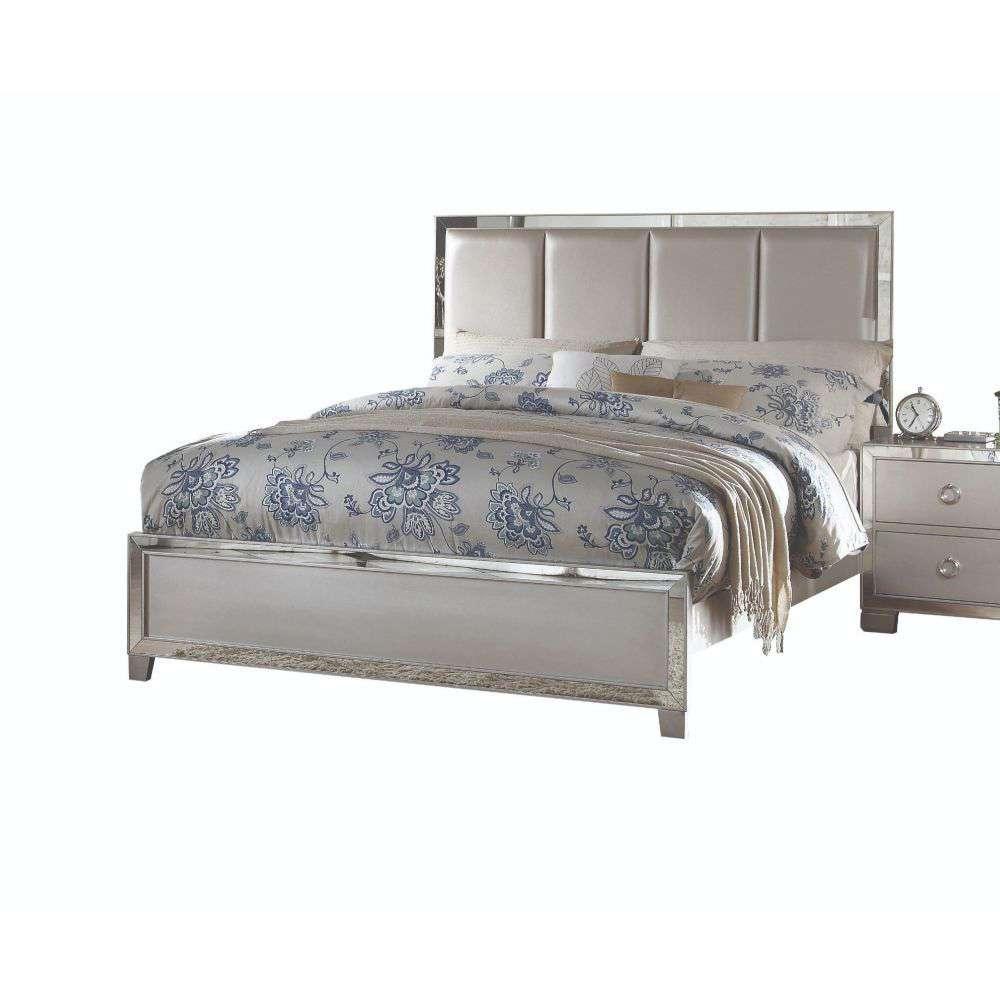 

    
Matte Gold Platinum Queen Upholstered Bed Set 3Pcs Voeville II Acme Transitional
