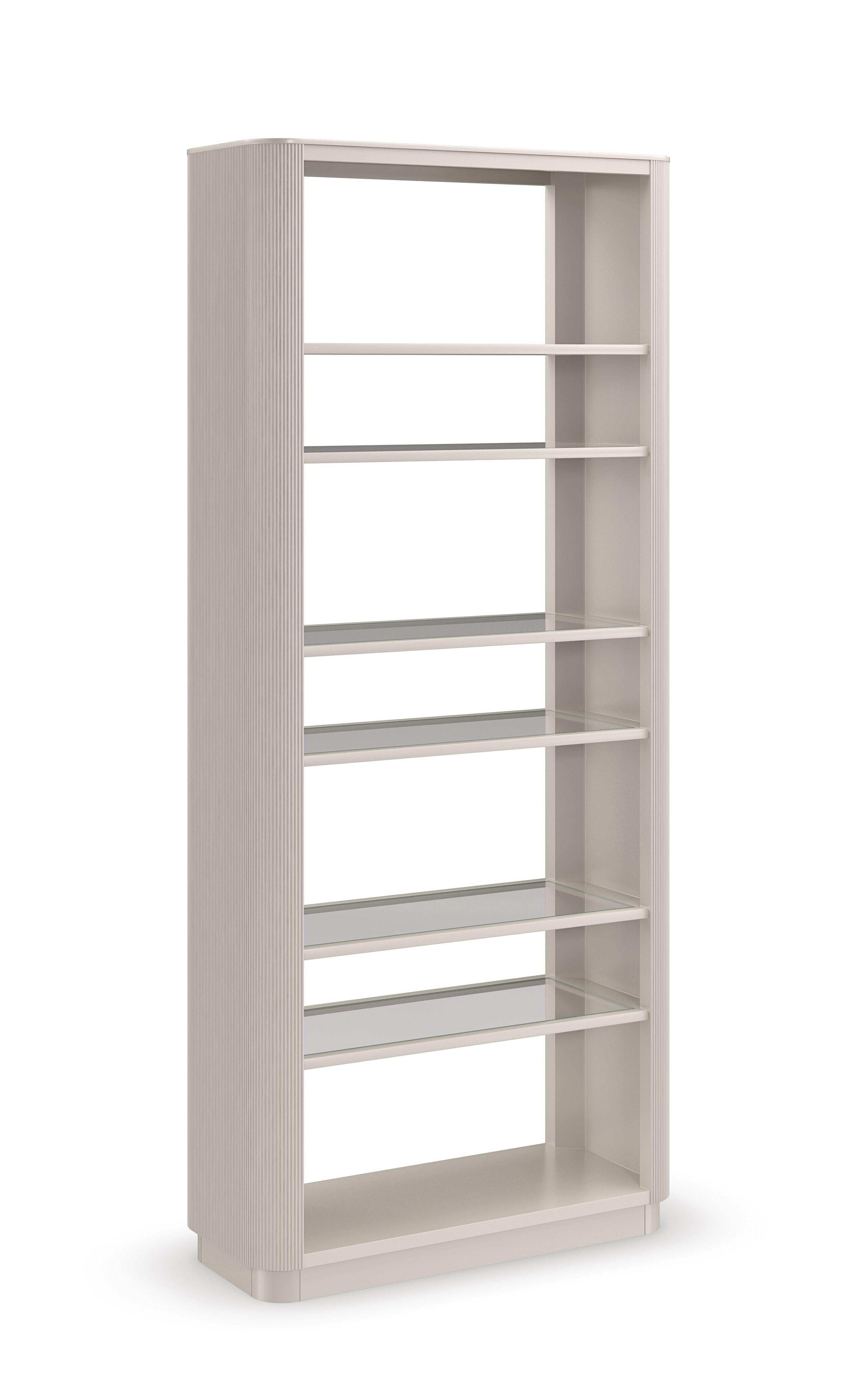 

    
Matte Pearl finish & Wood-rimmed Glass Shelves Bookcase HIGHER LOVE by Caracole
