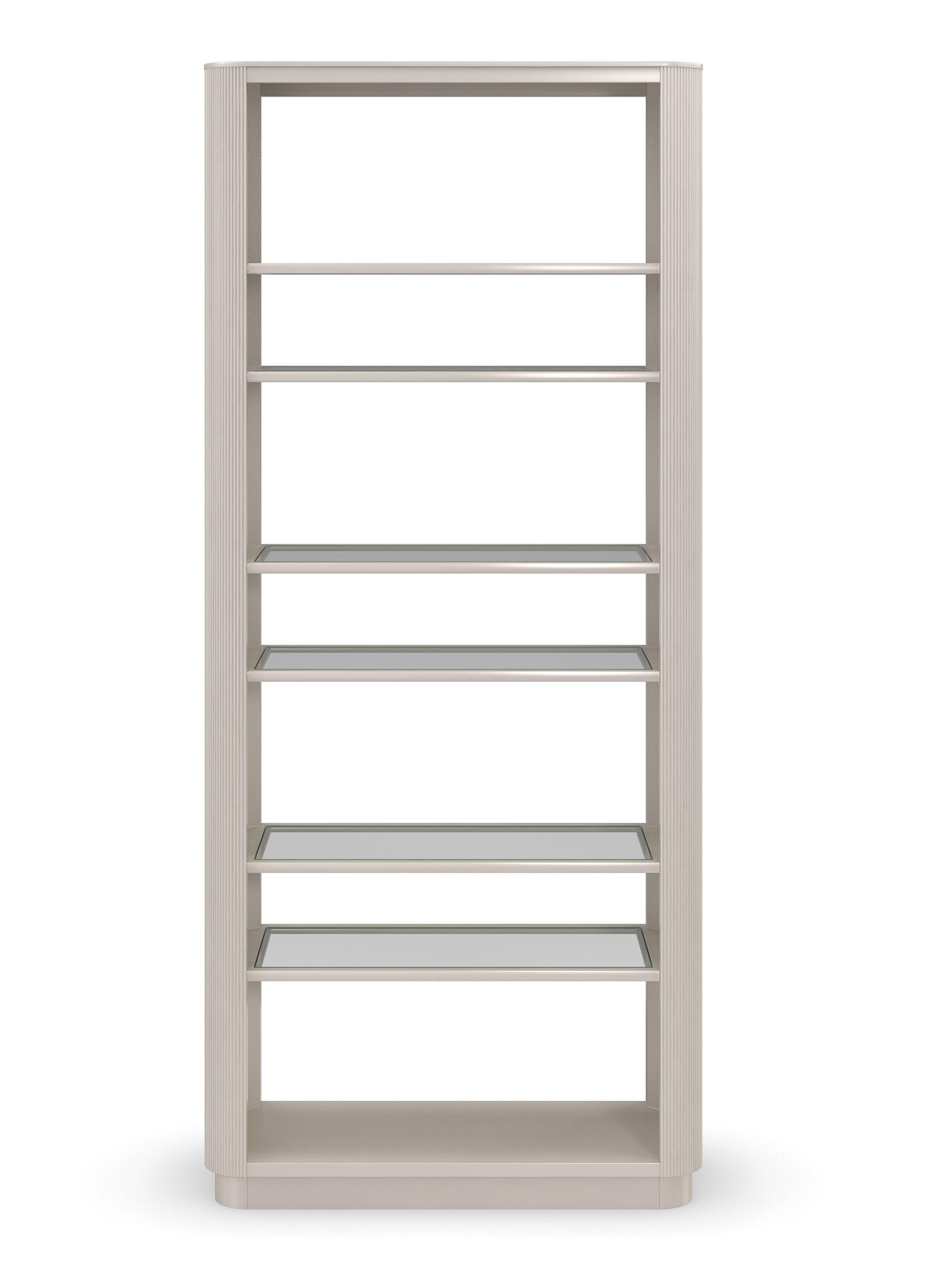 

    
Matte Pearl finish & Wood-rimmed Glass Shelves Bookcase HIGHER LOVE by Caracole
