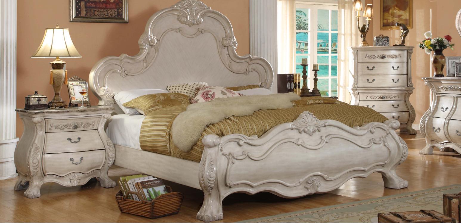 

    
McFerran B1602-Q Victorian  Antique White Queen Bedroom Set 4Pcs Carved Wood
