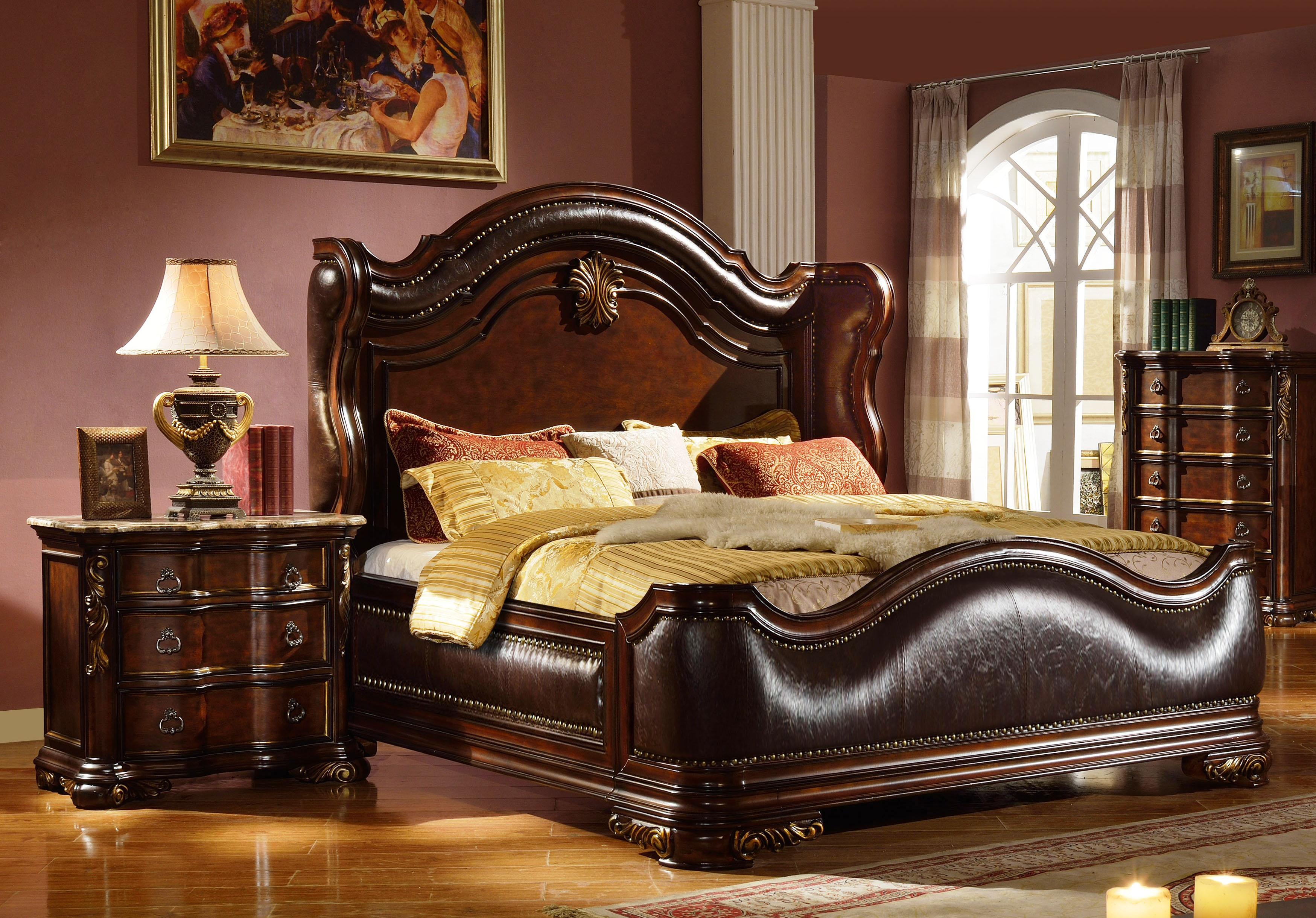 Classic, Traditional Sleigh Bedroom Set B3000 B3000-EK-2N-3PC in Cherry Leather