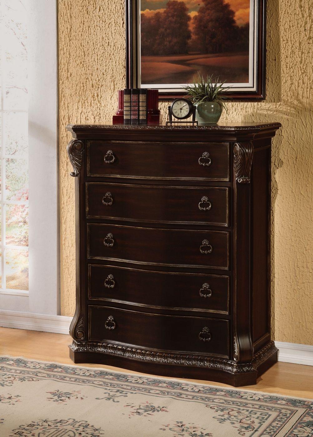 

    
McFerran B5188-C Ebony Finish Gold Accents Gothic 5-Drawer Chest Carved Wood
