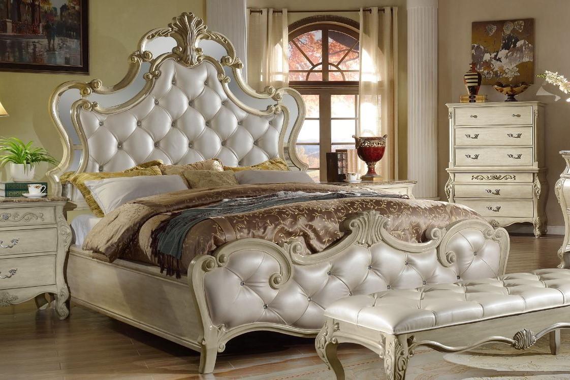 

    
McFerran B8305 Antique White Glamour Crystal Tufted Headboard California King Panel Bed
