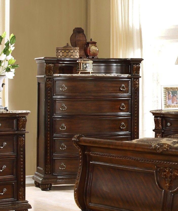 

    
McFerran B9500-C Amber Dark Cherry Finish French 5-drawer Chest w/Marble Top
