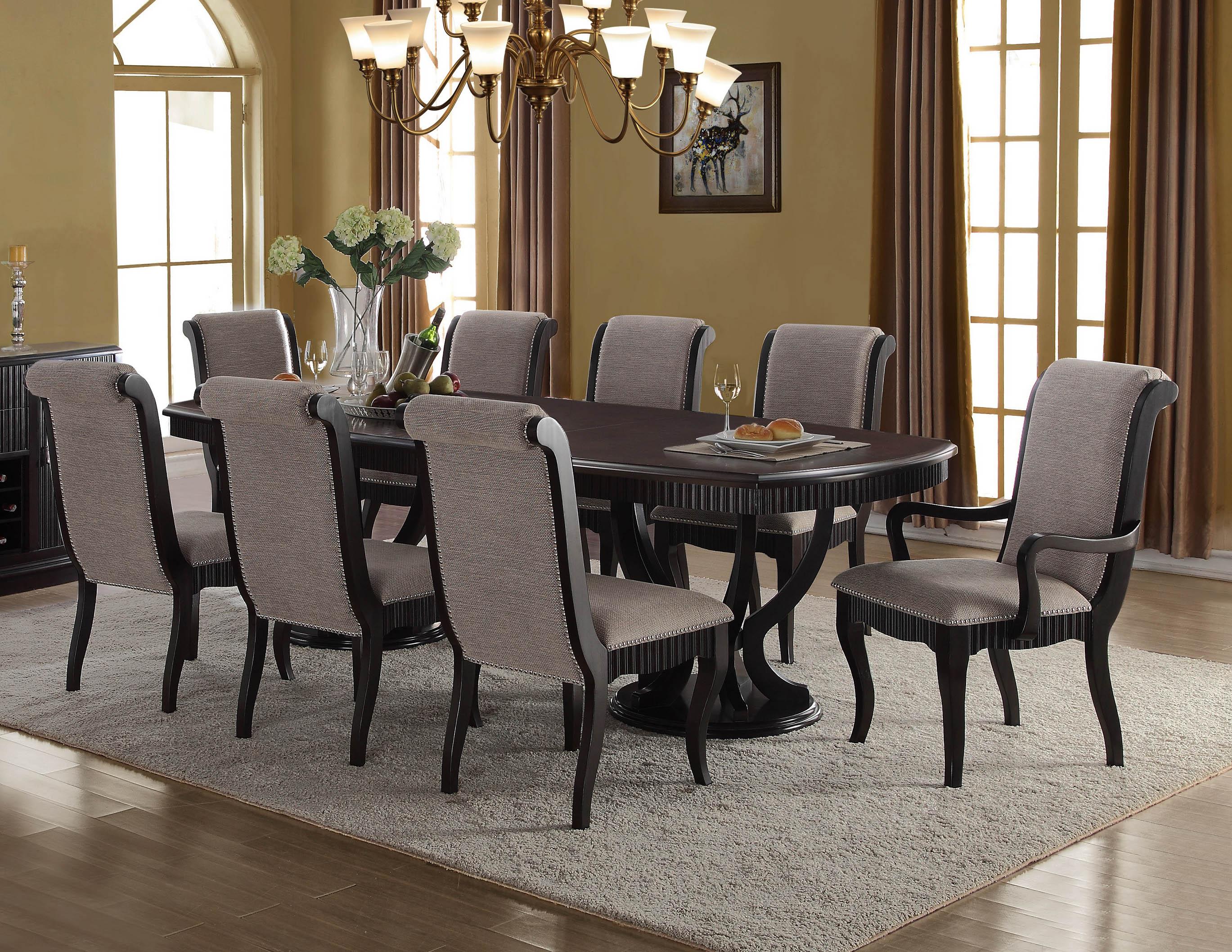 

    
Formal Dark Brown Espresso Finish Grey Fabric Dining Table Set 8Pcs w/Sideboard McFerran D1600
