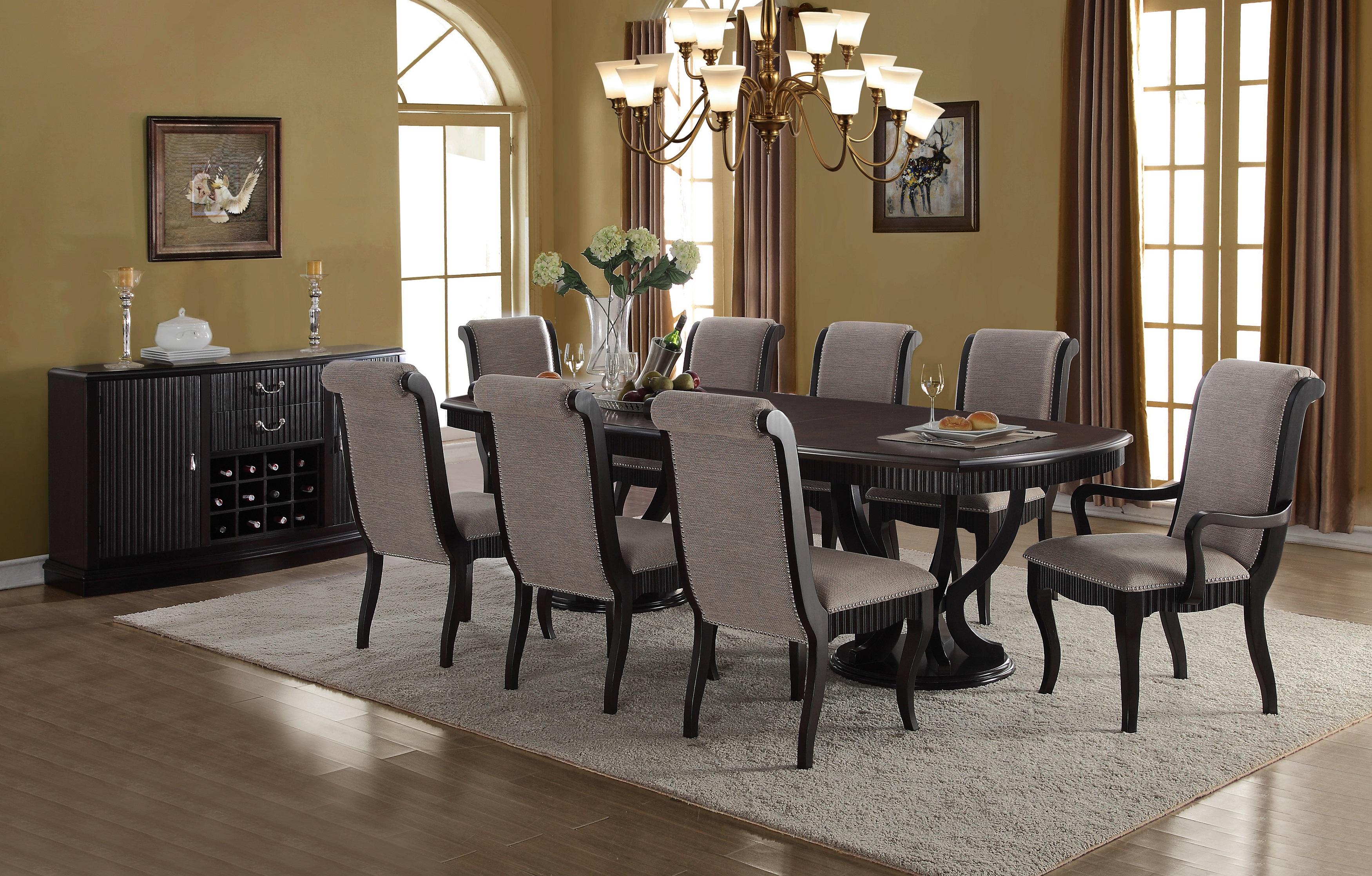 

    
Formal Dark Brown Espresso Finish Grey Fabric Dining Table Set 8Pcs w/Sideboard McFerran D1600
