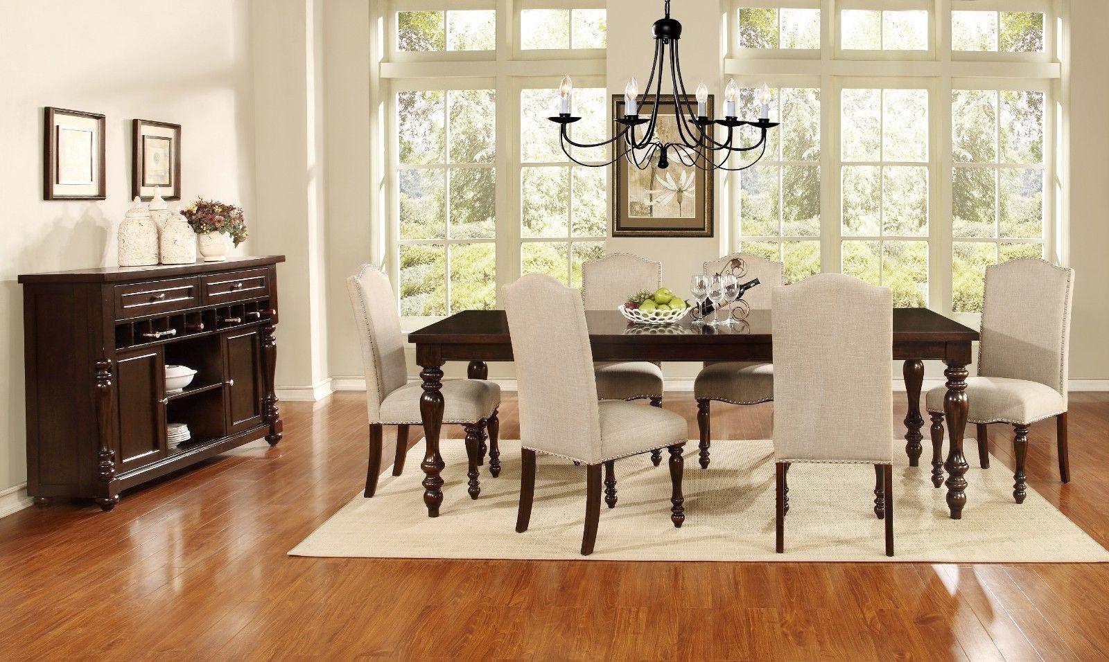 

    
Mcferran D1888 Traditional Style Solid Wood Linen Seat Dining Room Set 8 Pcs
