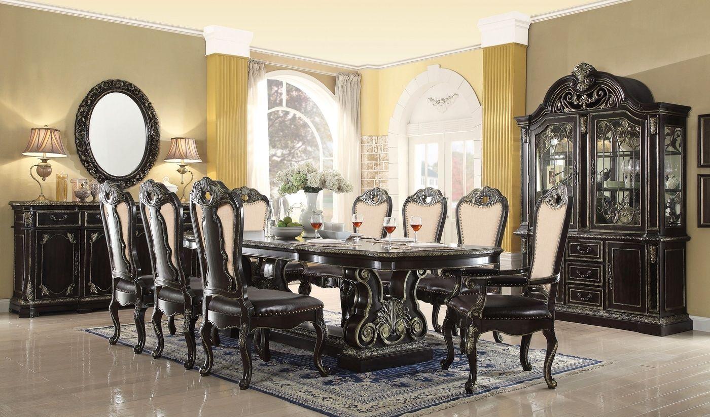 

    
McFerran D5188 Ebony Gold Gothic Double Pedestal Dining Table Set 9Pcs
