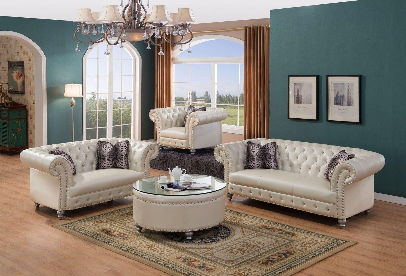

    
McFerran SF1708-S Beige Bonded Leather Crystal Tufted Living Room Sofa Set 3Pcs
