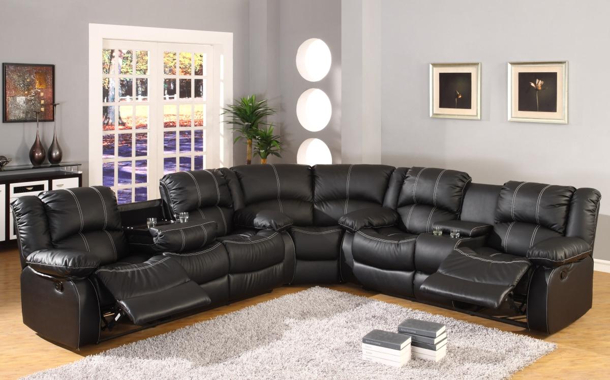 

    
Black Faux Leather Reclining Motion Sectional Sofa w/ Storage Console McFerran SF3591
