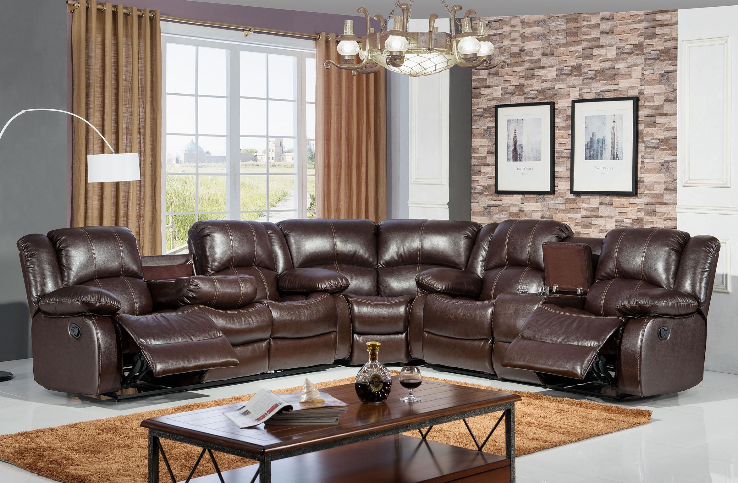 

    
Brown Faux Leather Reclining Motion Sectional Sofa w/ Storage Console McFerran SF3592
