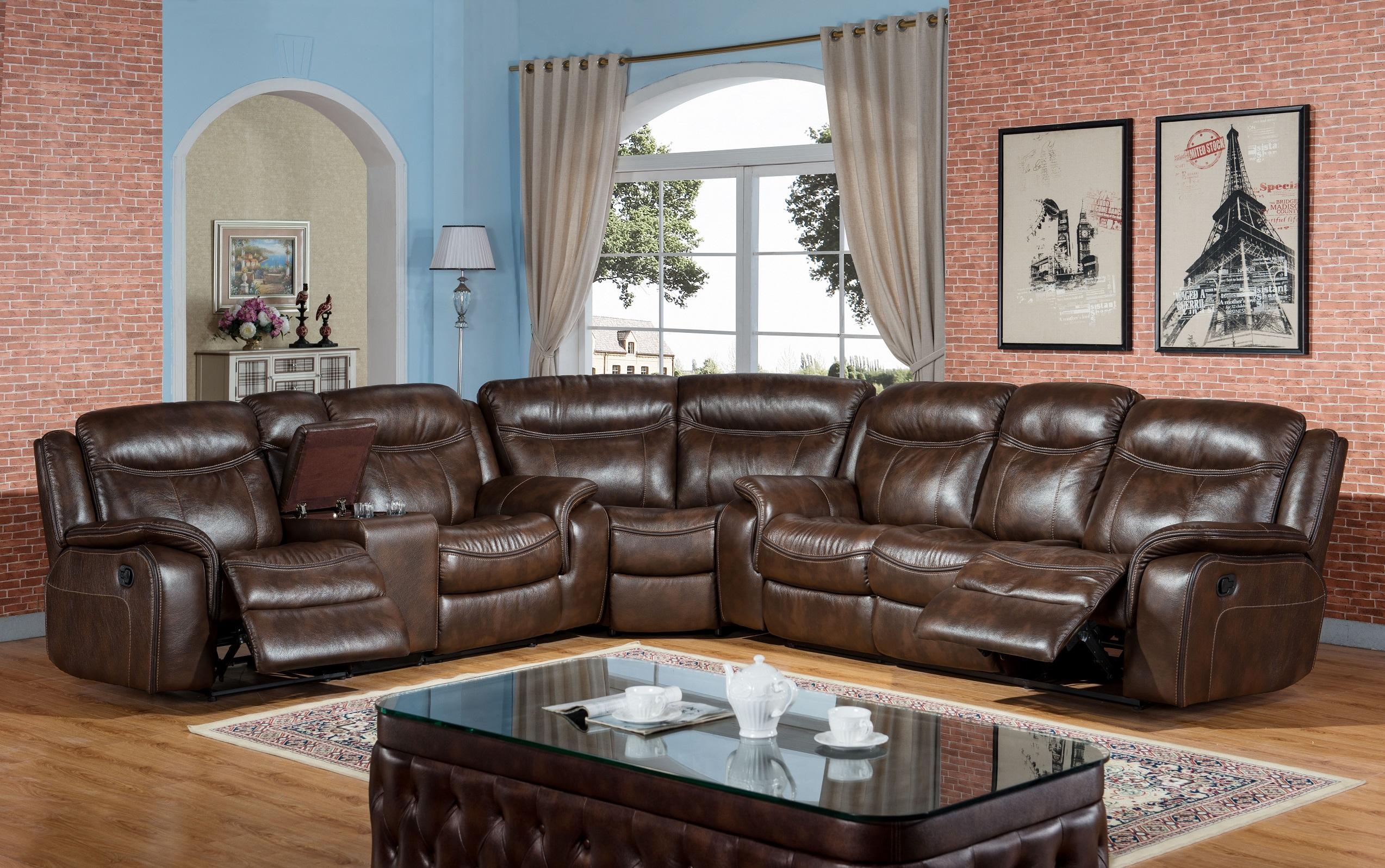 

    
Contemporary Brown Leather Air Fabric 3 Pcs Reclining Sectional McFerran SF3739
