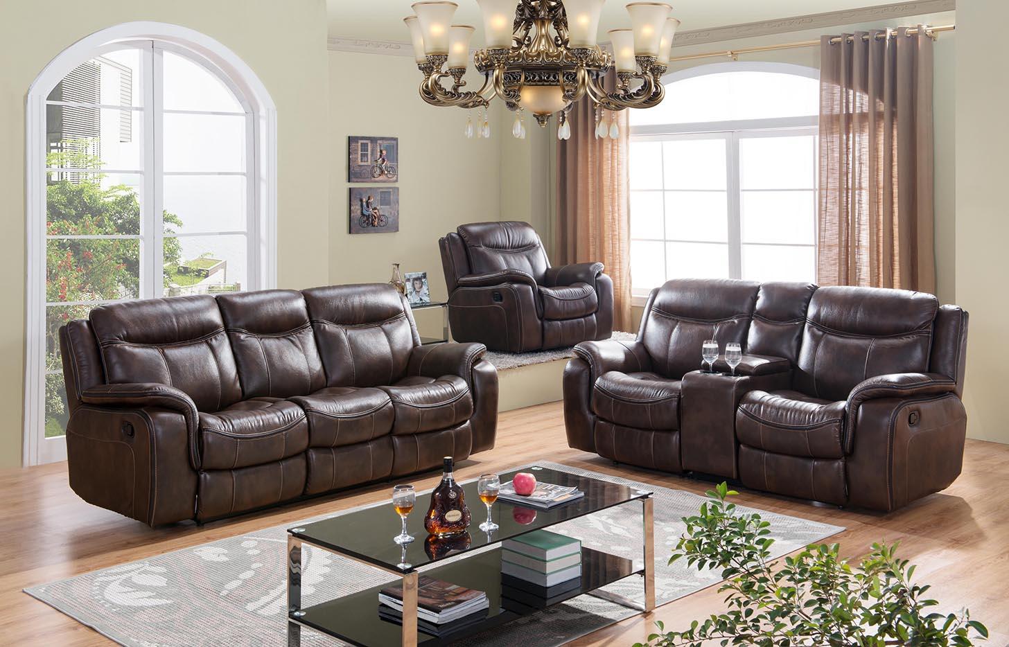 

    
Brown Leather Air Fabric Reclining Sectional Sofa Set 3Pcs McFerran SF3739
