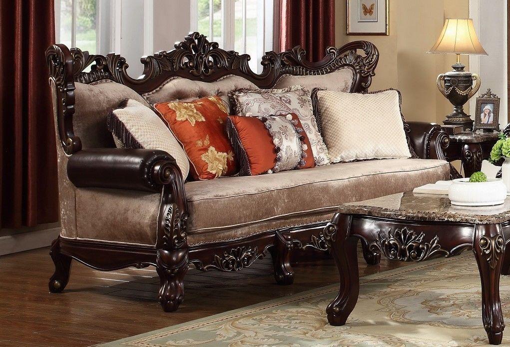 

    
Victorian Dark Carved Wood Beige Chenille Sofa Set 2Pcs McFerran SF6788

