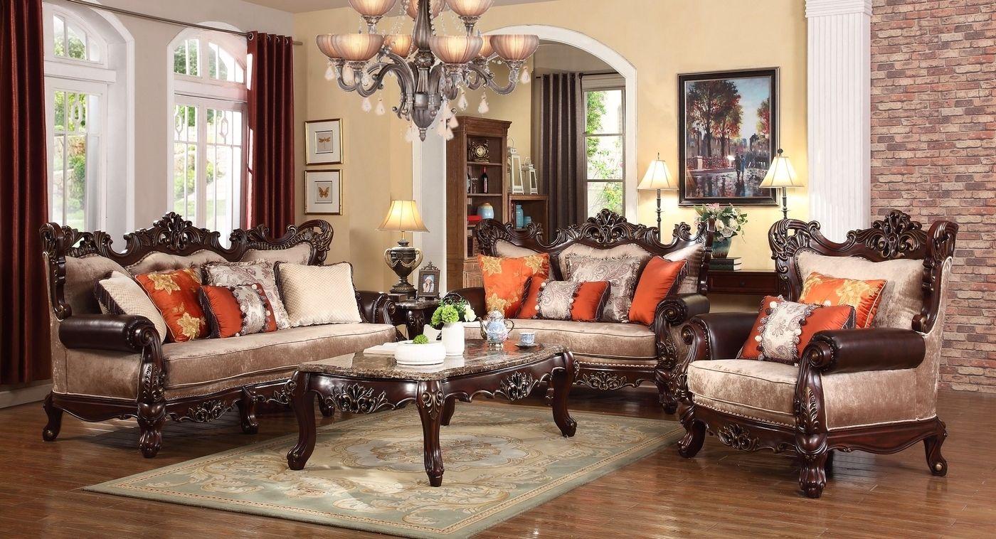 Traditional Sofa Set SF6788 SF6788-4PC in Dark Brown, Beige Fabric