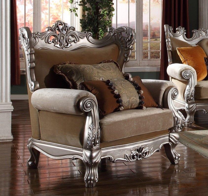 

    
McFerran SF6799-C Victorian Beige Chenille Fabric Chair Silver Carved Wood
