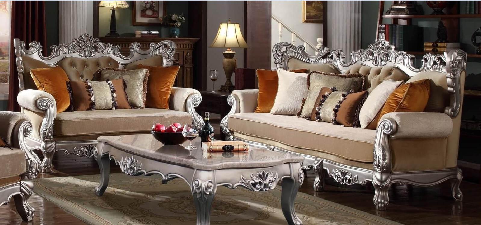 Classic Sofa and Loveseat Set SF6799-S SF6799-S-SET-2 in Beige, Silver Fabric