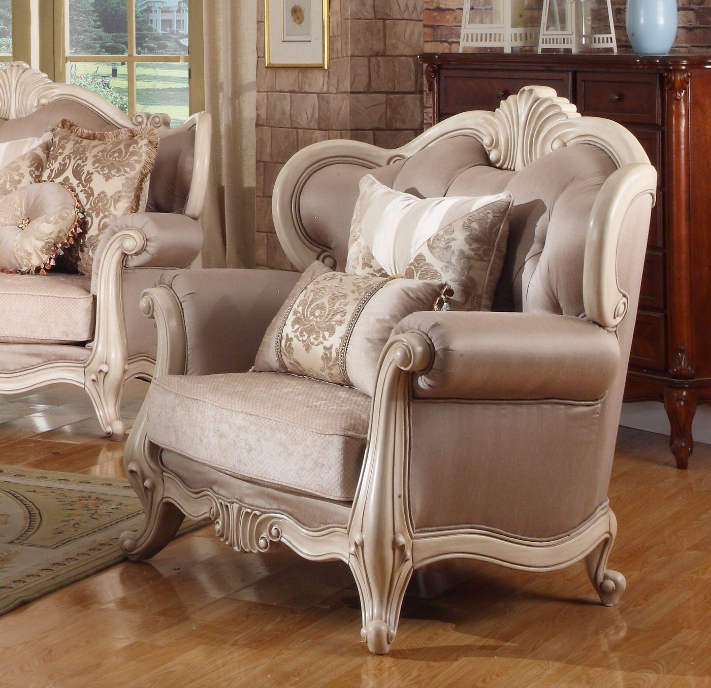 

    
McFerran SF8701-C Ivory Chenille Fabric Province Living Room Chair Carved Wood
