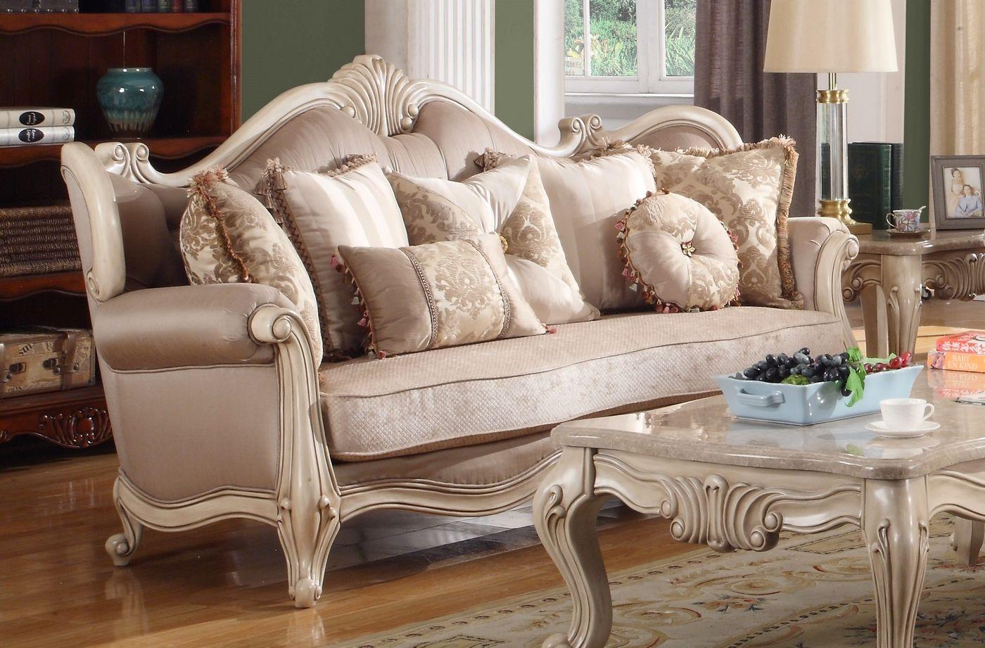 

    
McFerran SF8701-S Ivory Chenille Fabric Province Living Room Sofa Carved Wood
