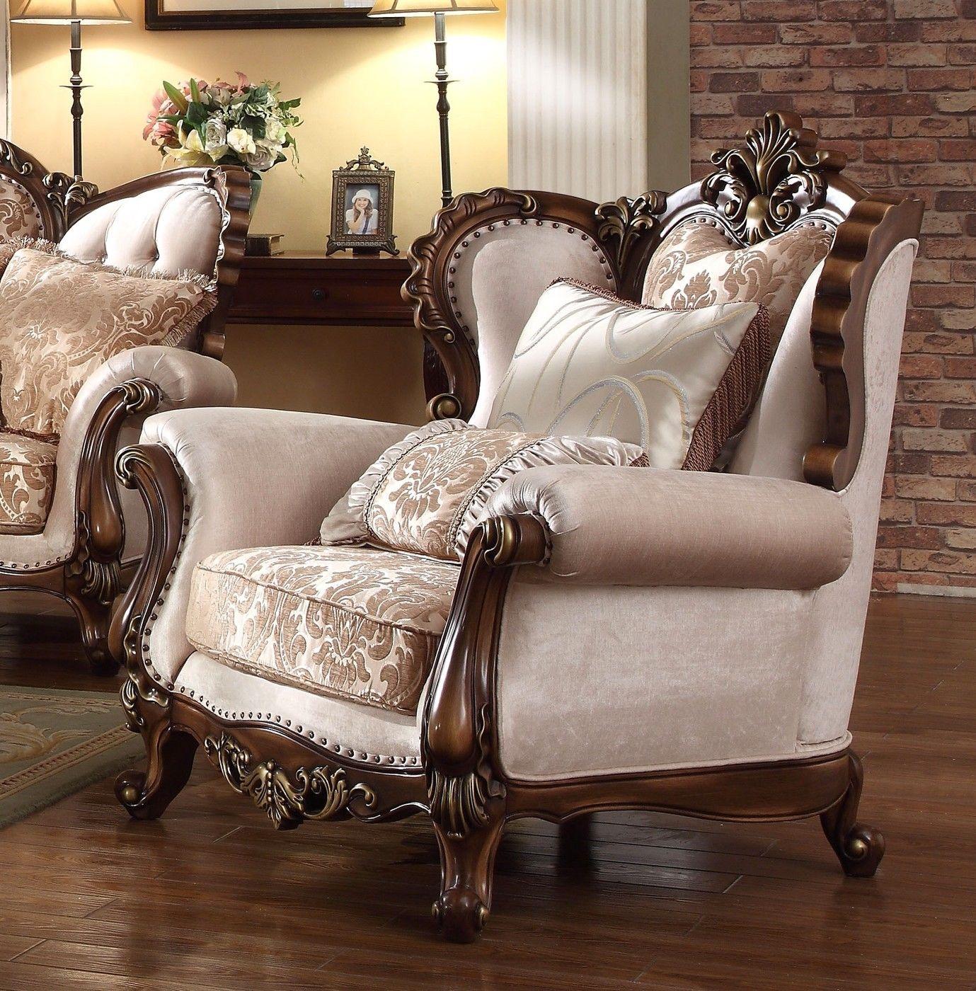 

    
Victorian Beige Gold Chenille Brown Carved Wood Chair Classic McFerran SF8900

