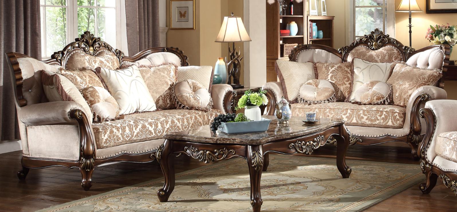 

    
Victorian Beige Gold Chenille Wood Trim Sofa Set 6P McFerran SF8900 Traditional
