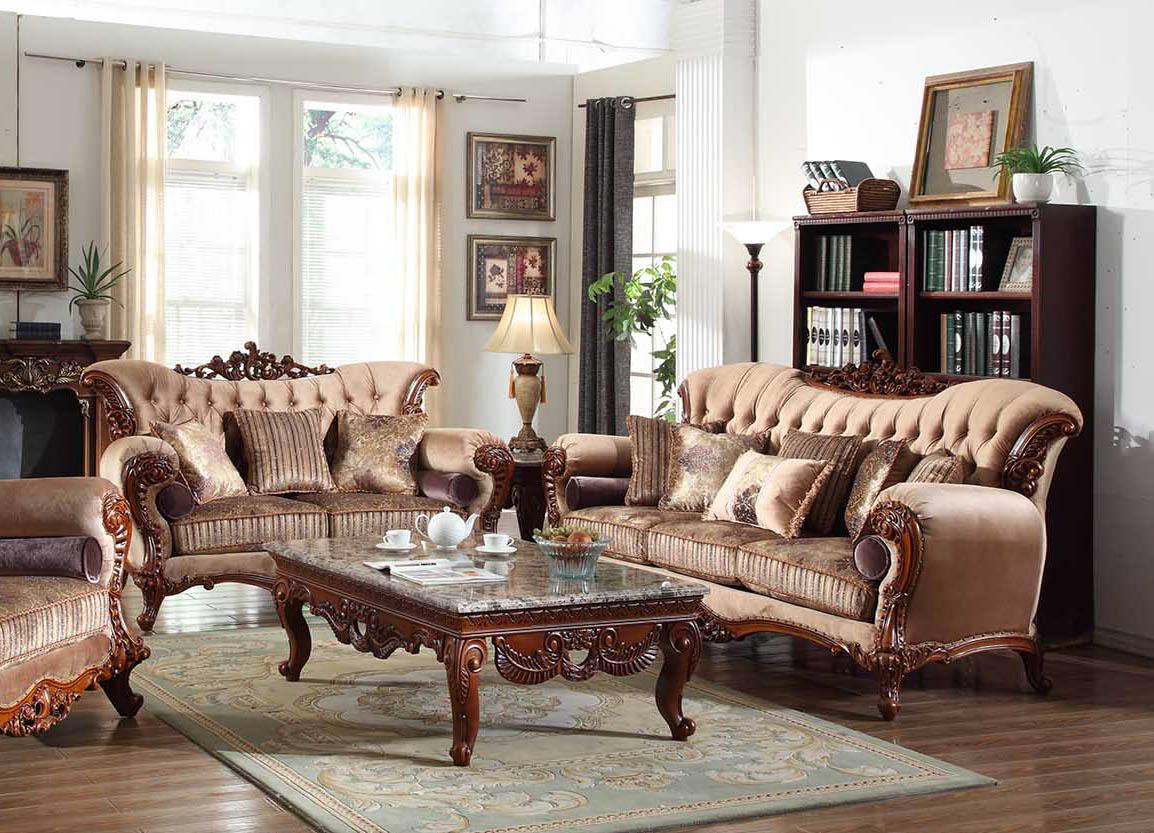 

    
Meridian 605 Bordeaux Beige Living Room Set 2Pcs Carved Wood Traditional Classic
