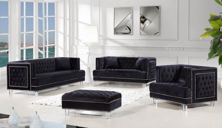 Contemporary Sofa Set Lucas 609BL-S-Set-4 609BL-S-Set-3 in Black Velvet