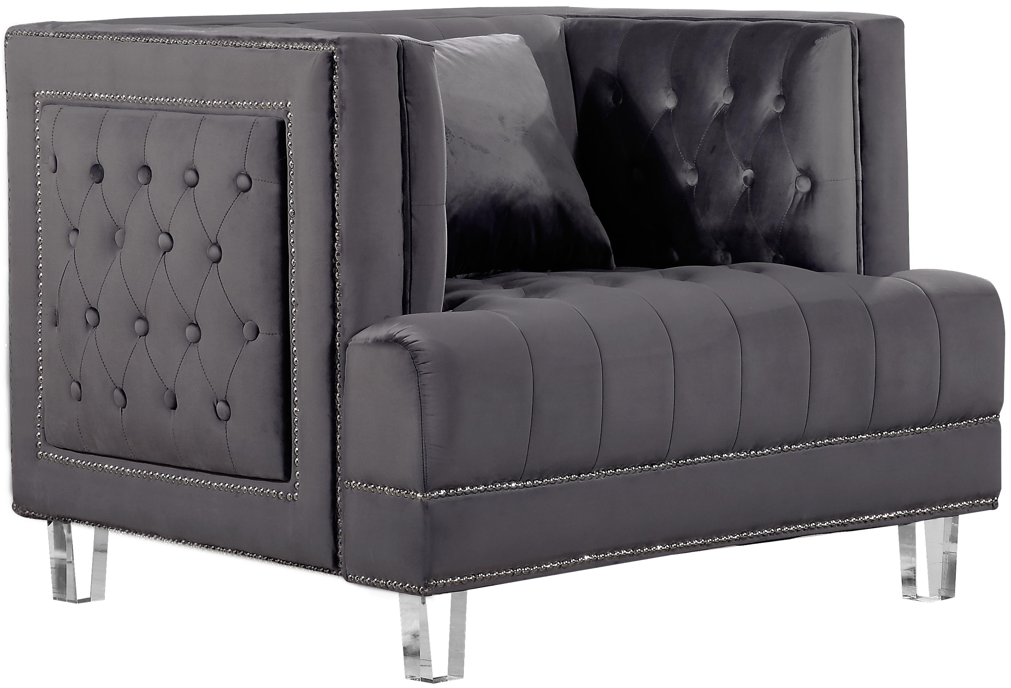 

        
Meridian Furniture 609 Lucas Sofa Loveseat and Chair Set Gray Velvet 00647899945113
