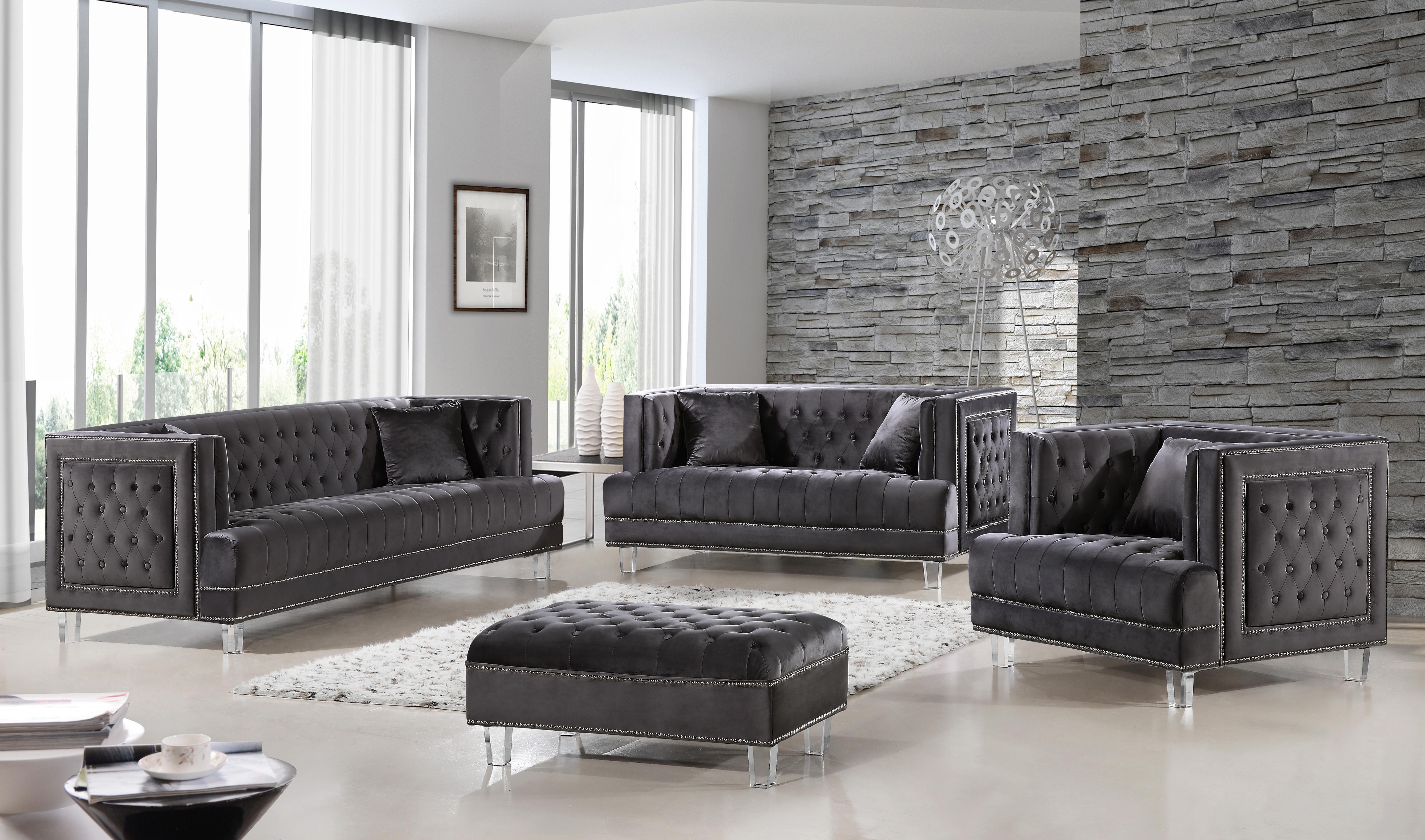 

    
Grey Velvet Fabric Sofa Set w/Ottoman 4Pcs Modern Meridian Furniture 609 Lucas
