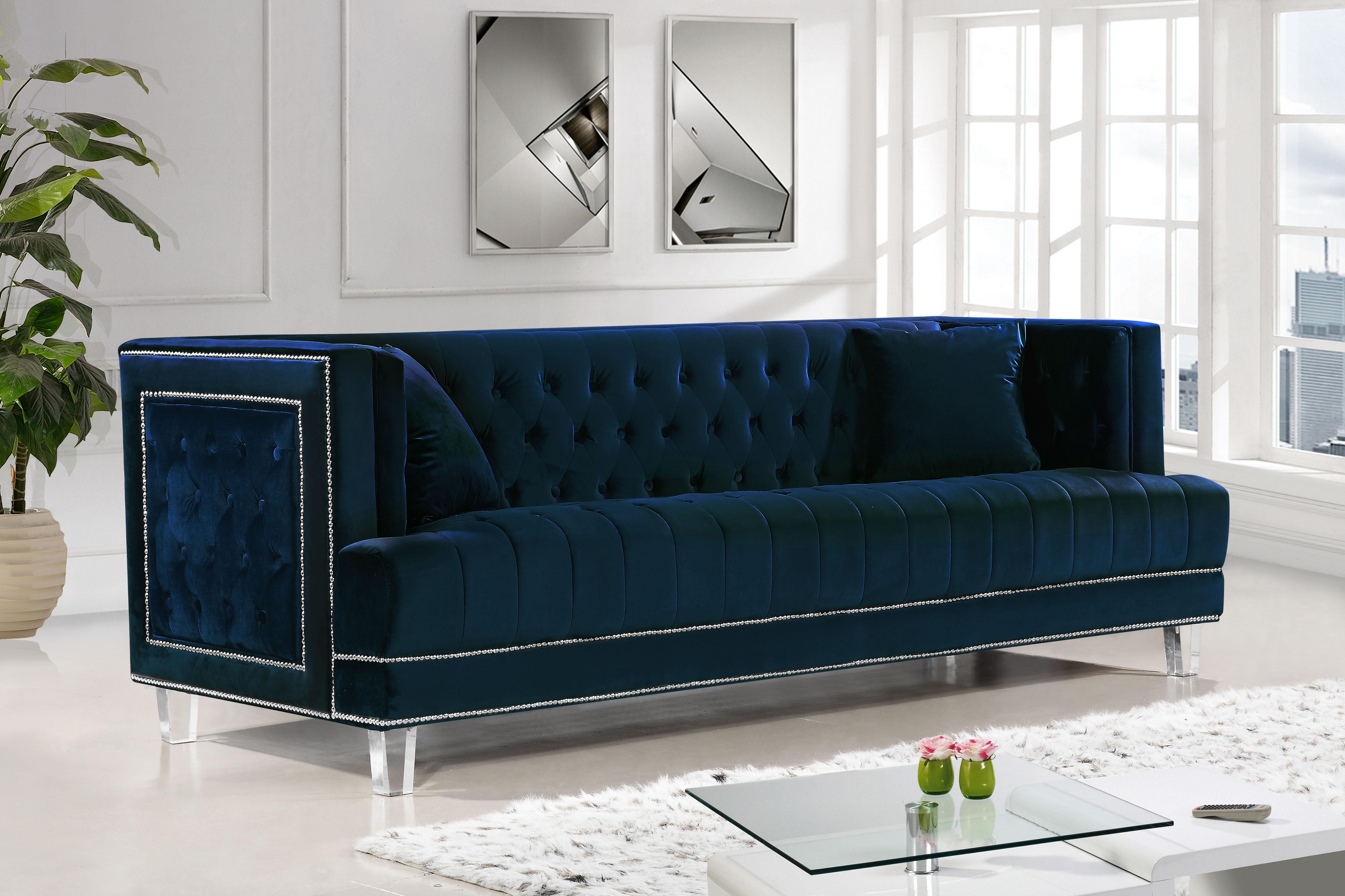 

    
Navy Velvet Fabric Sofa Set w/Ottoman 4Pcs Modern Meridian Furniture 609 Lucas
