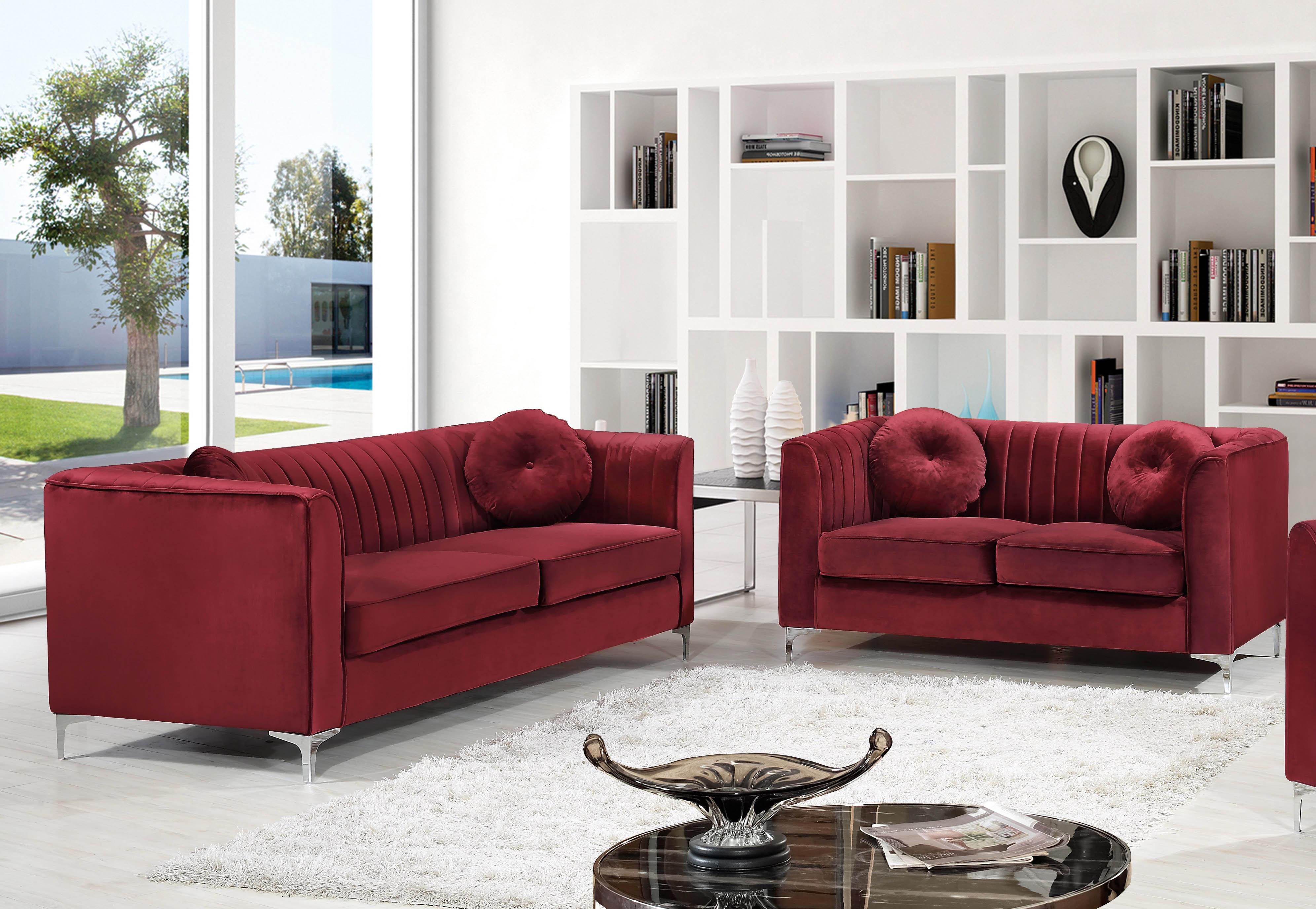 

    
Burgundy Velvet Sofa Set 2Pcs Isabelle 612Burg-S Meridian Contemporary Modern
