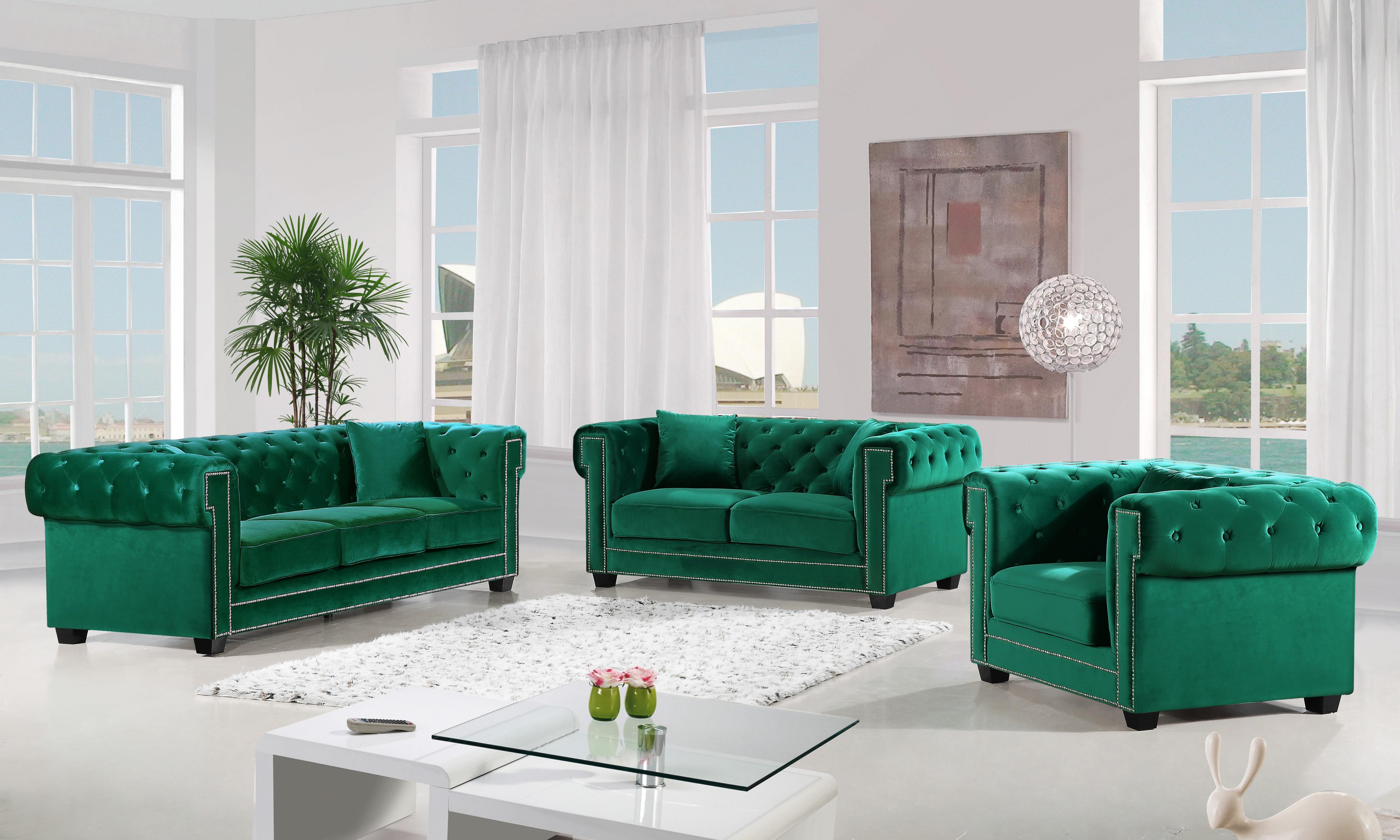 

    
Green Tufted Velvet Sofa Set 3Pcs Bowery 614Green-S Meridian Contemporary Modern
