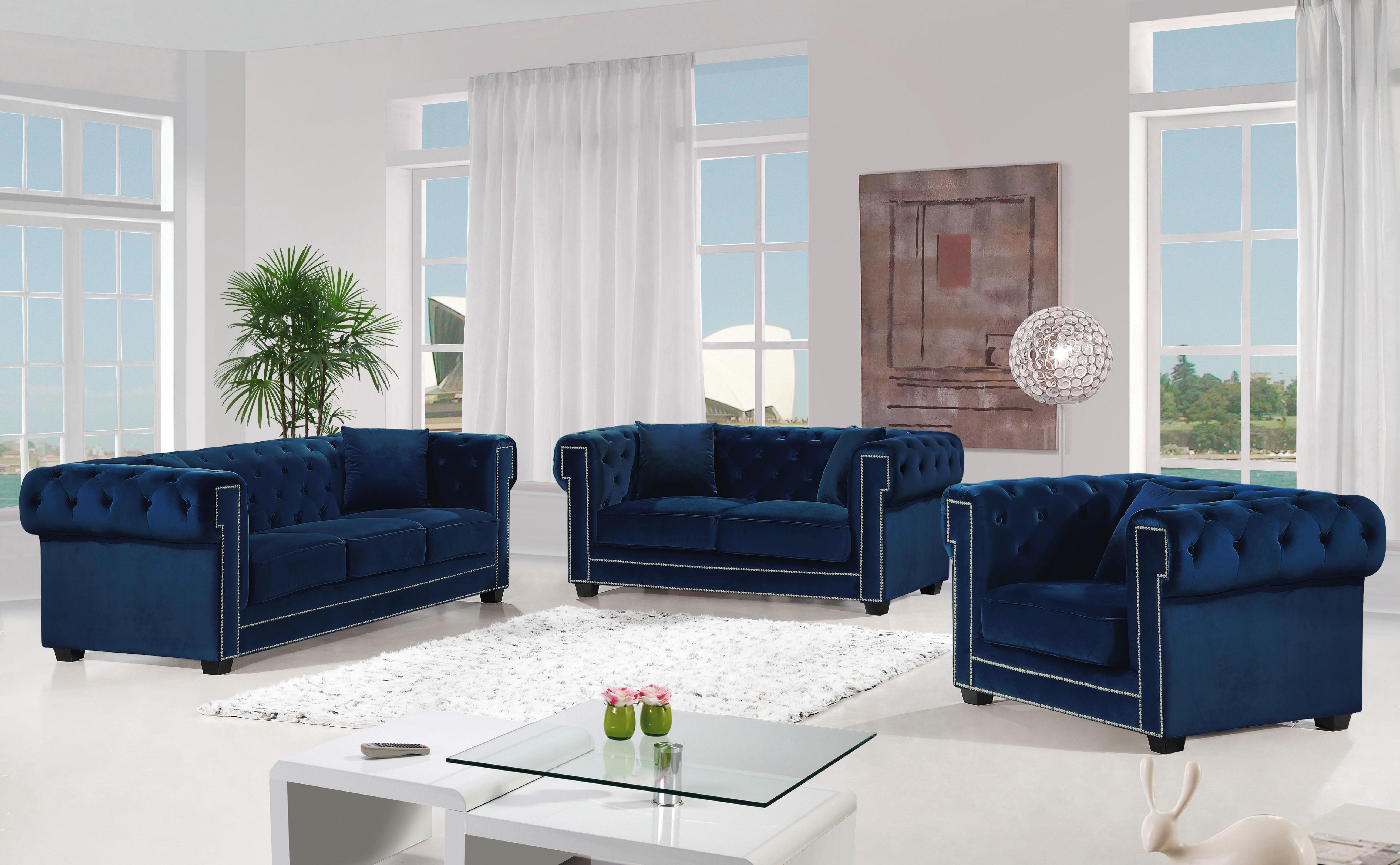 

    
Navy Velvet Sofa Set 3Pcs Bowery 614Navy-S Meridian Contemporary Modern
