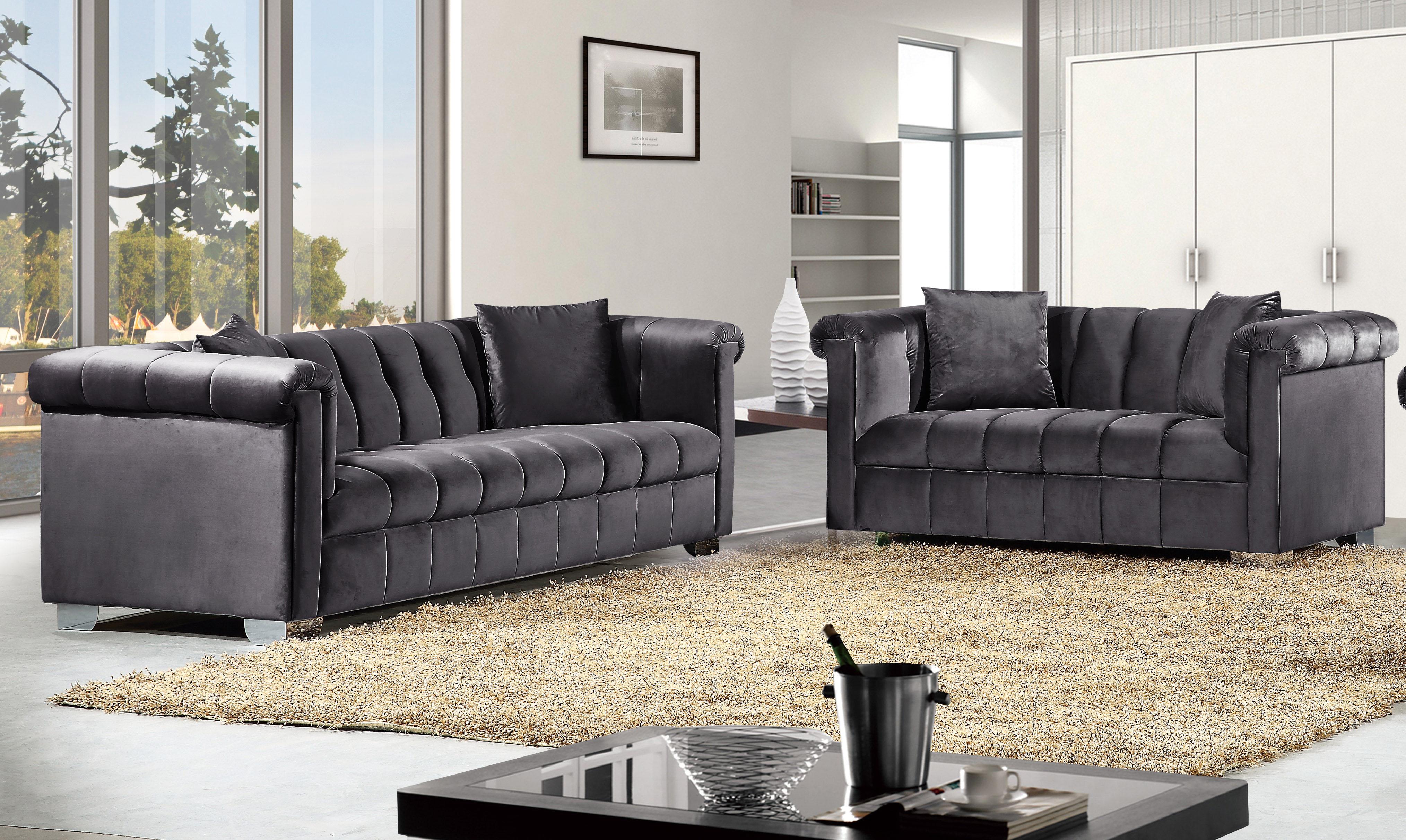 

    
Grey Velvet Tufted Sofa Set 2Pcs Kayla 615Grey-S Meridian Contemporary Modern
