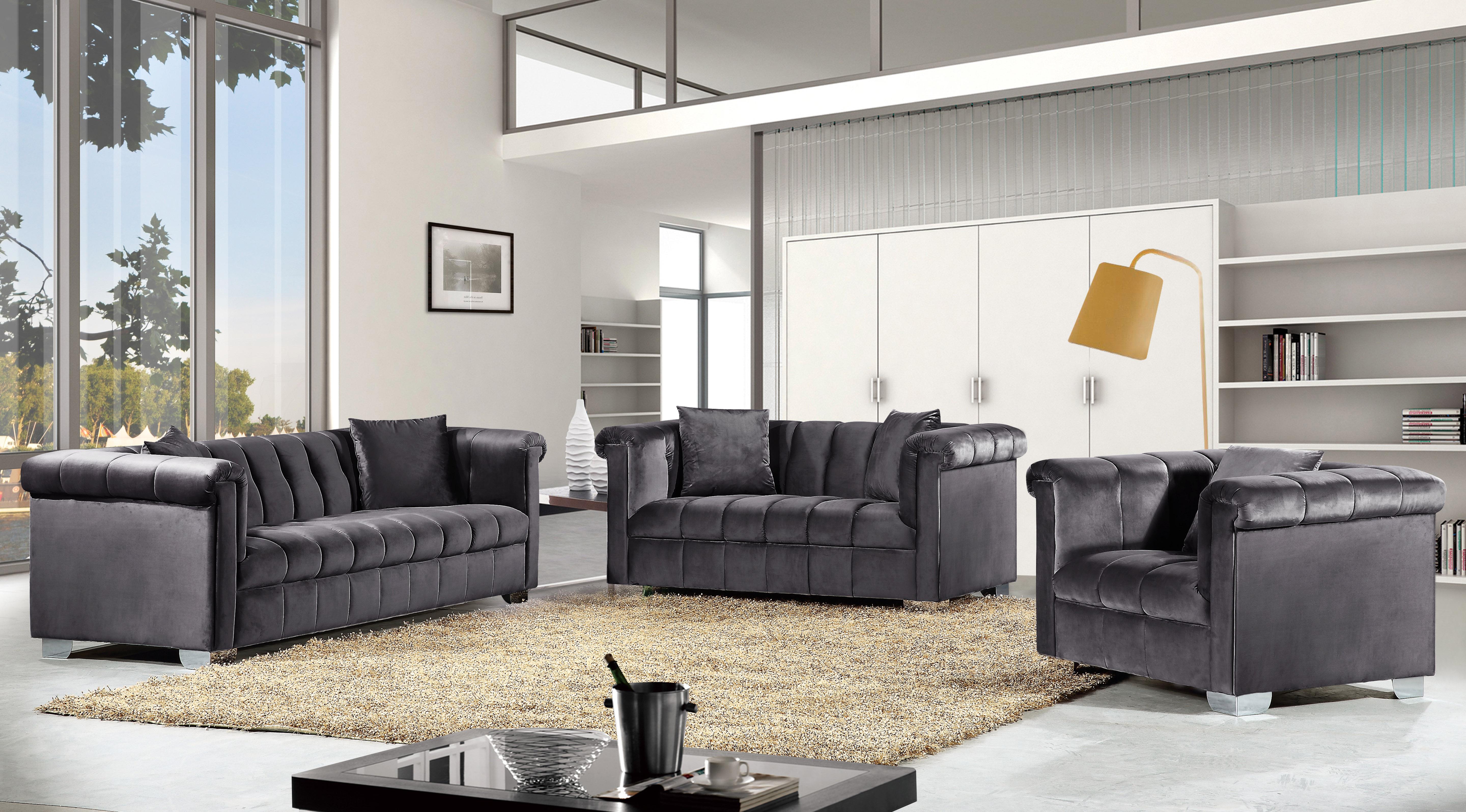 

    
Grey Velvet Tufted Sofa Set 3Pcs Kayla 615Grey-S Meridian Contemporary Modern
