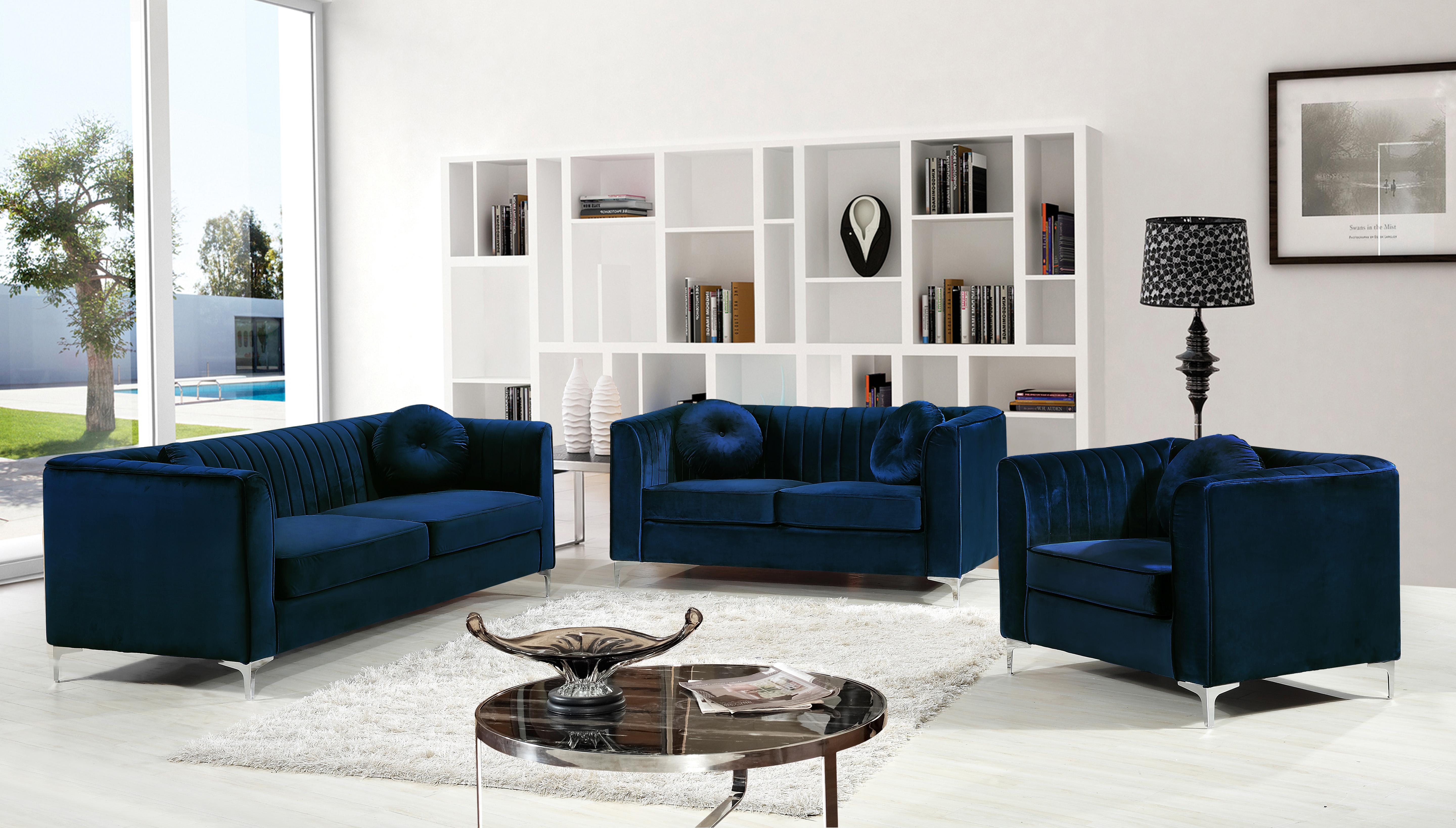 

    
Navy Velvet Tufted Sofa Set 3Pcs Kayla615Navy-S Meridian Contemporary
