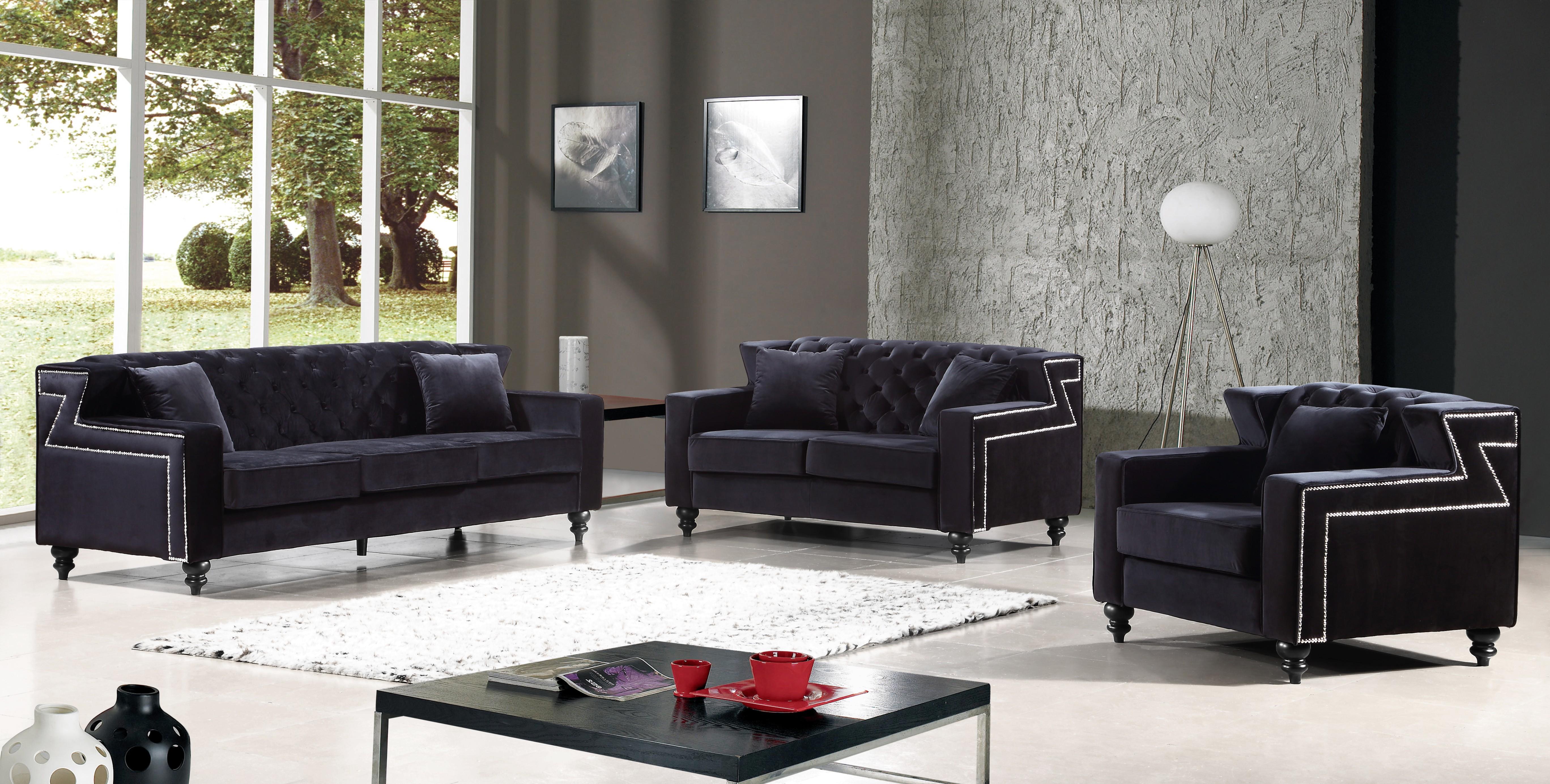 

    
Meridian Furniture 616 Harley Black Velvet Tufted Sofa Loveseat & Chair Set 3Pcs
