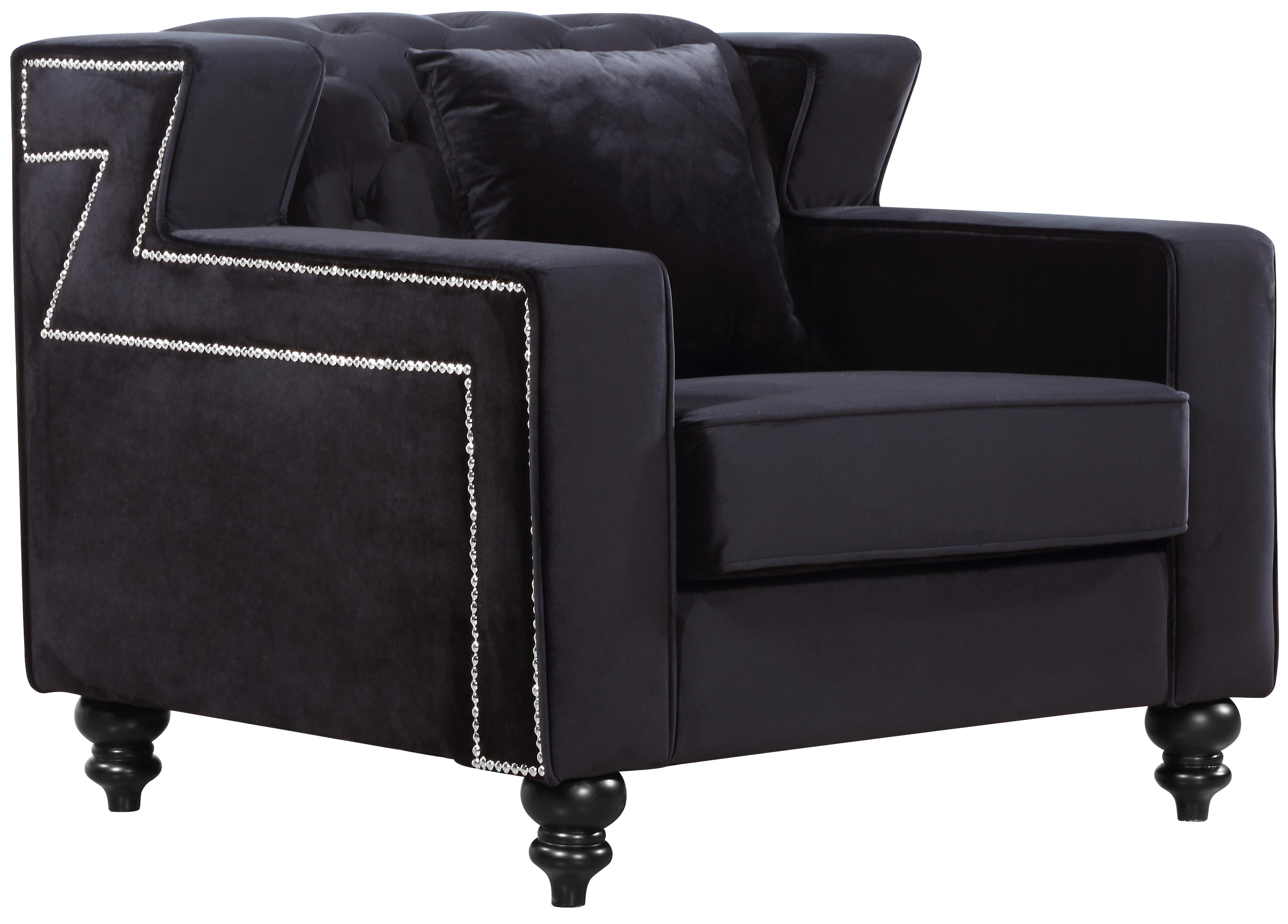 

    
 Order  Meridian Furniture 616 Harley Black Velvet Tufted Sofa Loveseat & Chair Set 3Pcs
